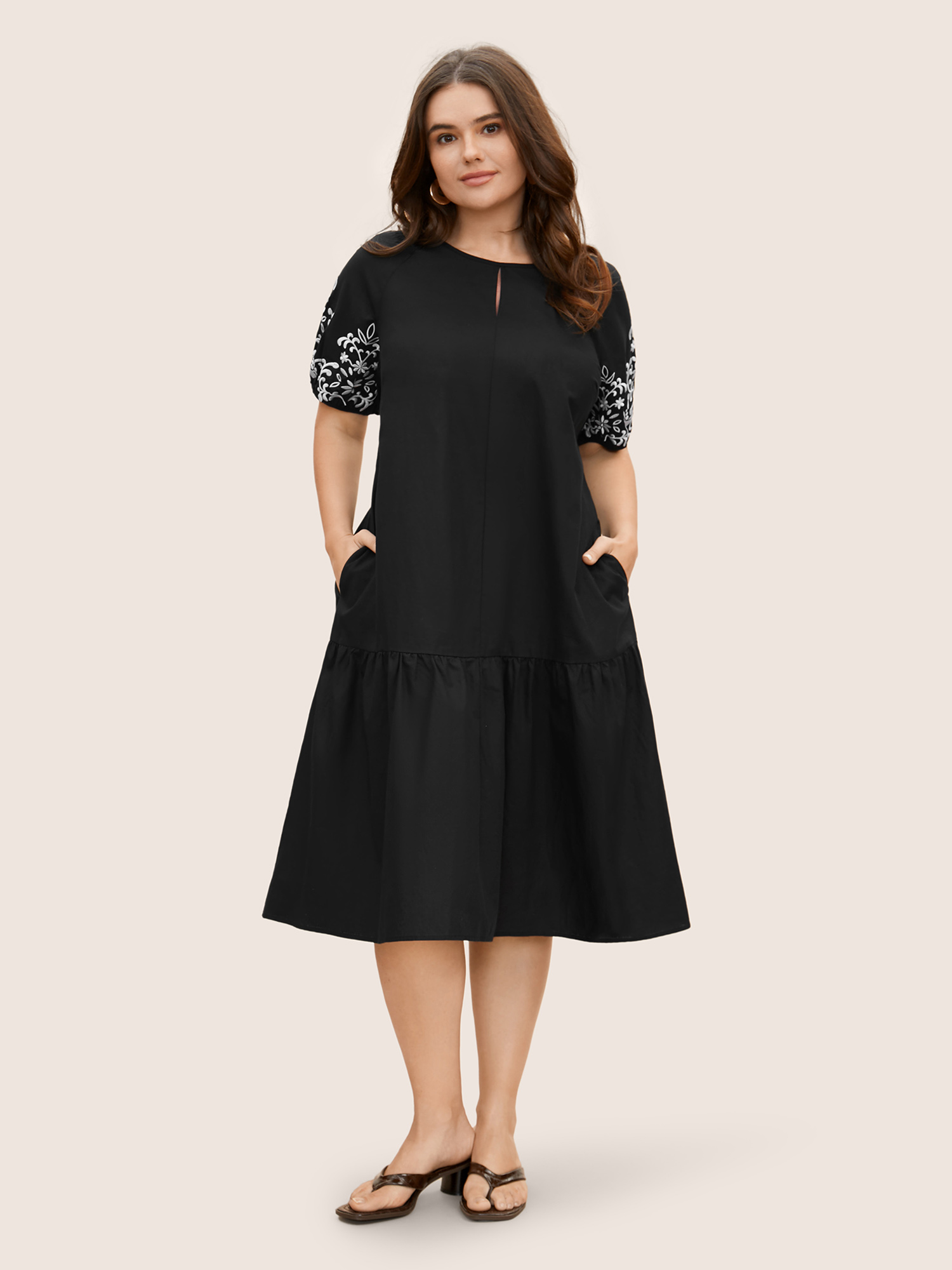 

Plus Size Floral Embroidered Keyhole Lantern Sleeve Dress Black Women Gathered Round Neck Half Sleeve Curvy BloomChic