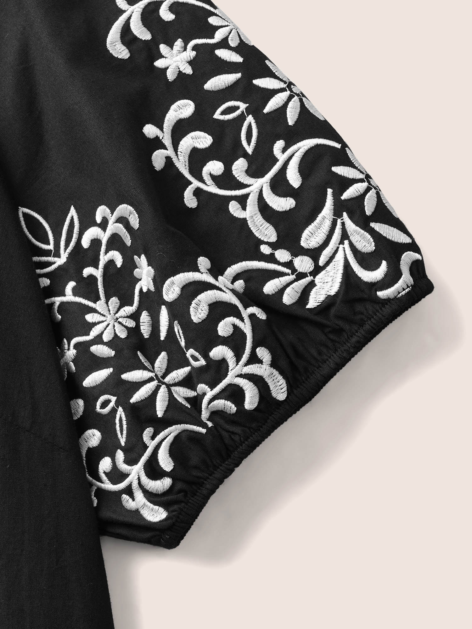 

Plus Size Floral Embroidered Keyhole Lantern Sleeve Dress Black Women Casual Gathered Round Neck Half Sleeve Curvy BloomChic