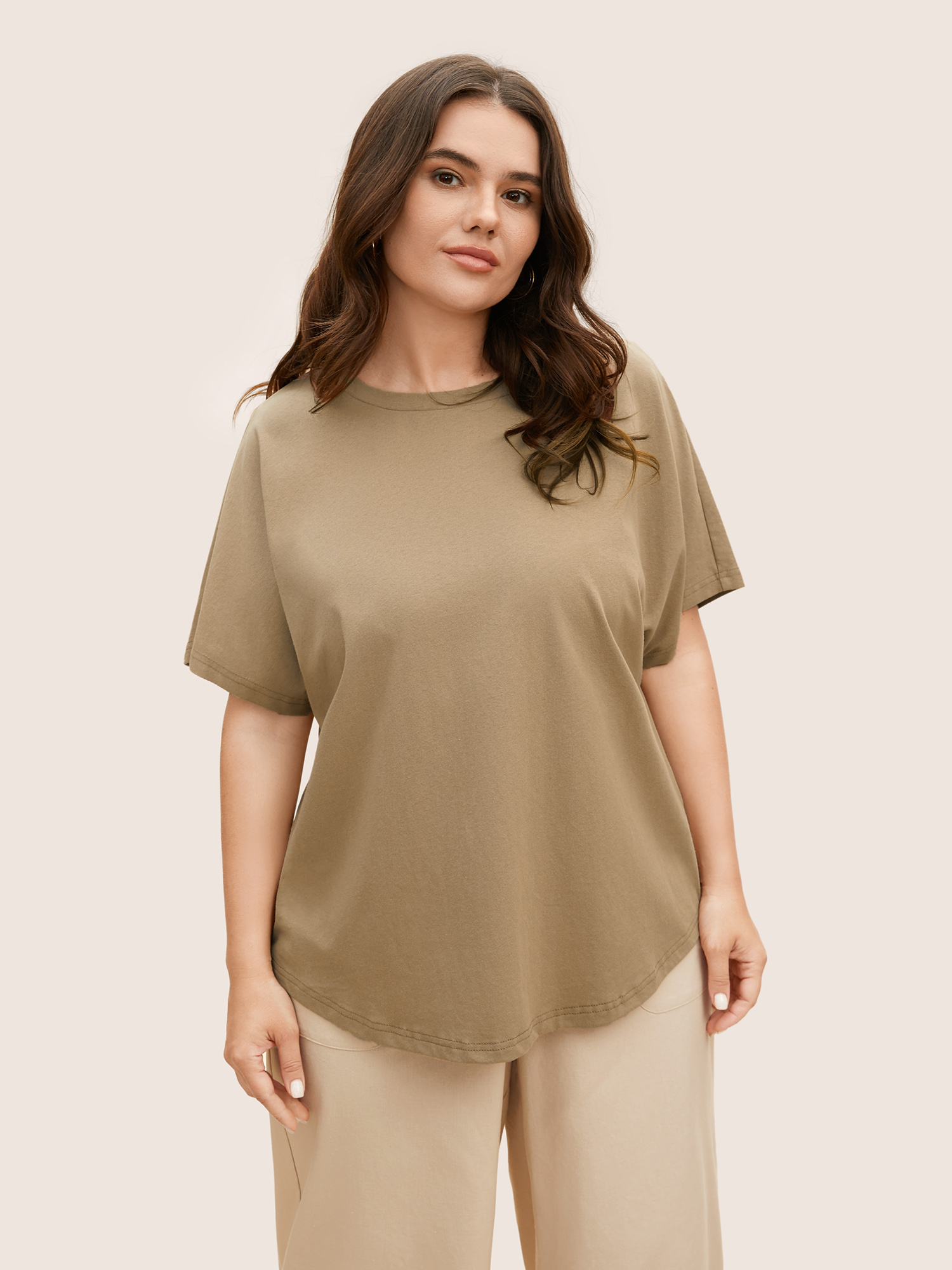 

Plus Size Cotton Back Button Detail Dolman Sleeve T-shirt LightBrown Women Casual Button Round Neck Everyday T-shirts BloomChic