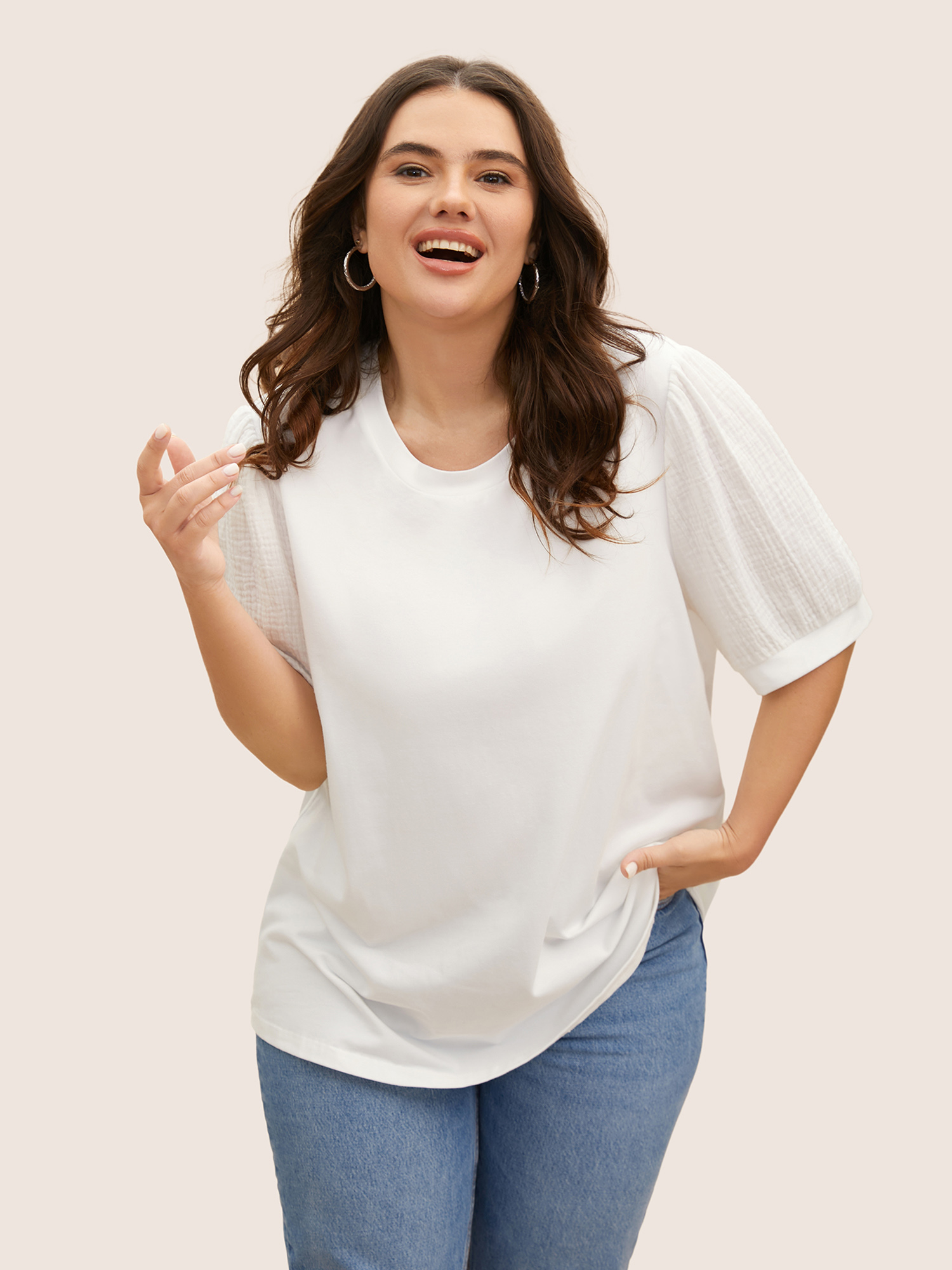 

Plus Size Plain Textured Patchwork Lantern Sleeve T-shirt WhiteSmoke Women Casual Texture Round Neck Everyday T-shirts BloomChic