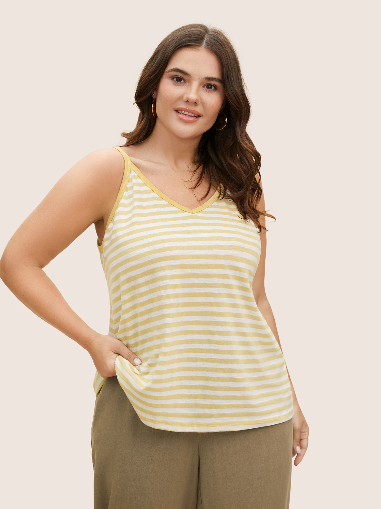 

Plus Size Cotton Contrast Striped Adjustable Straps Cami Top Women Lightyellow Casual Contrast V-neck Everyday Tank Tops Camis BloomChic