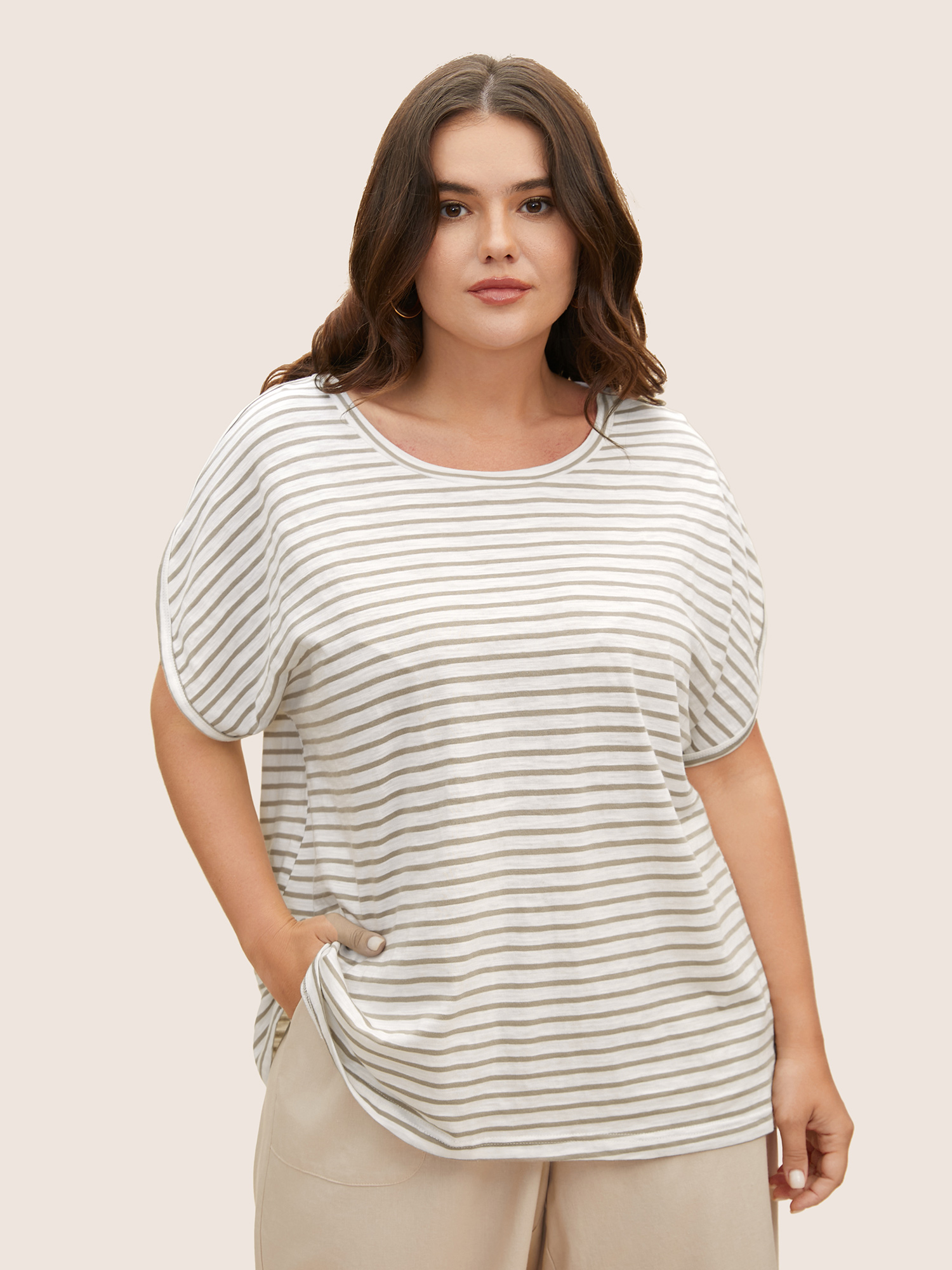 

Plus Size Striped Print Round Neck Petal Sleeve T-shirt Tan Women Casual Contrast Round Neck Everyday T-shirts BloomChic