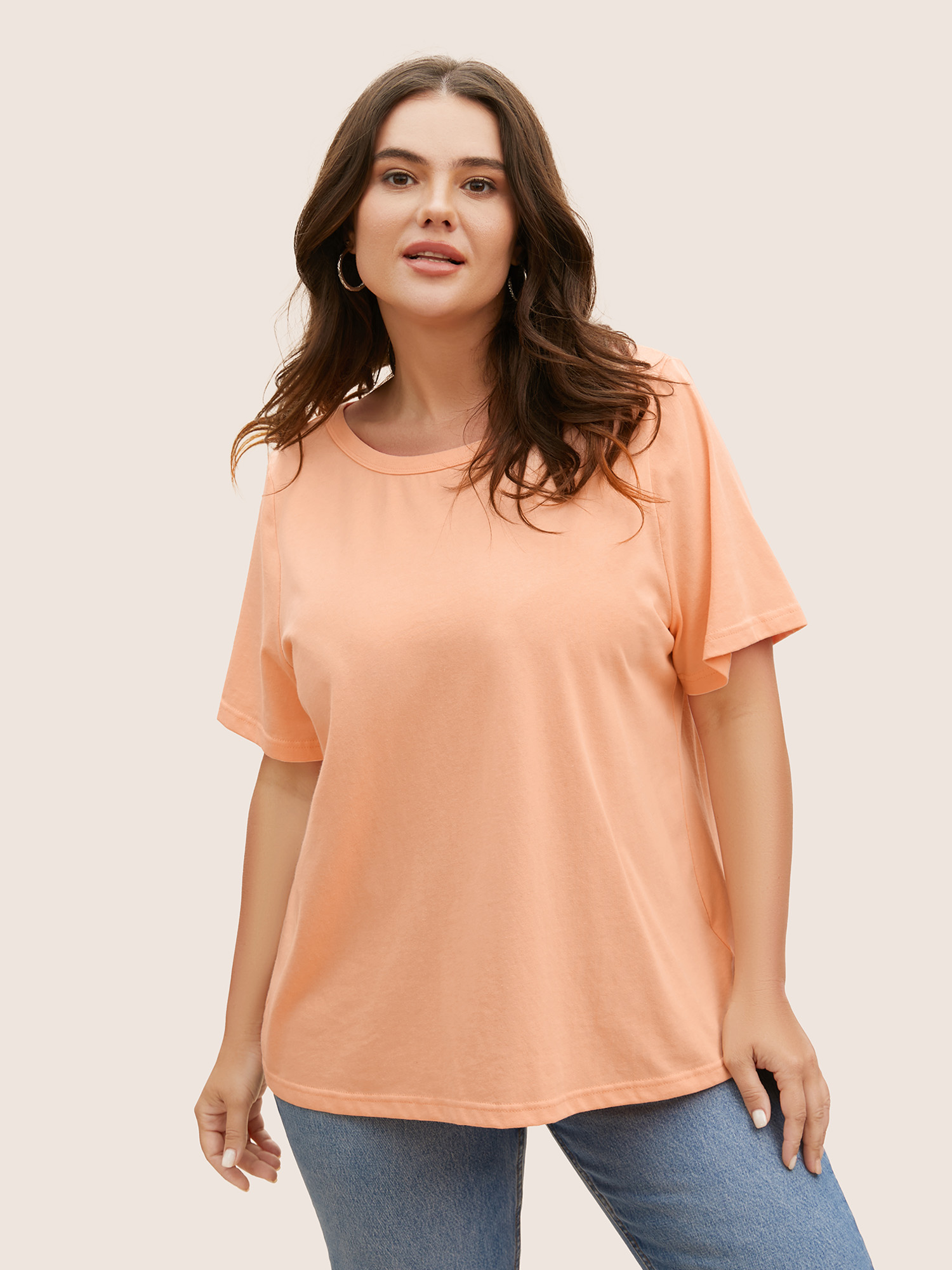 Plus Size Cotton Round Neck Back Cut Out T-shirt Lightorange Women Casual Cut-Out Round Neck Everyday T-shirts BloomChic 28/5X 