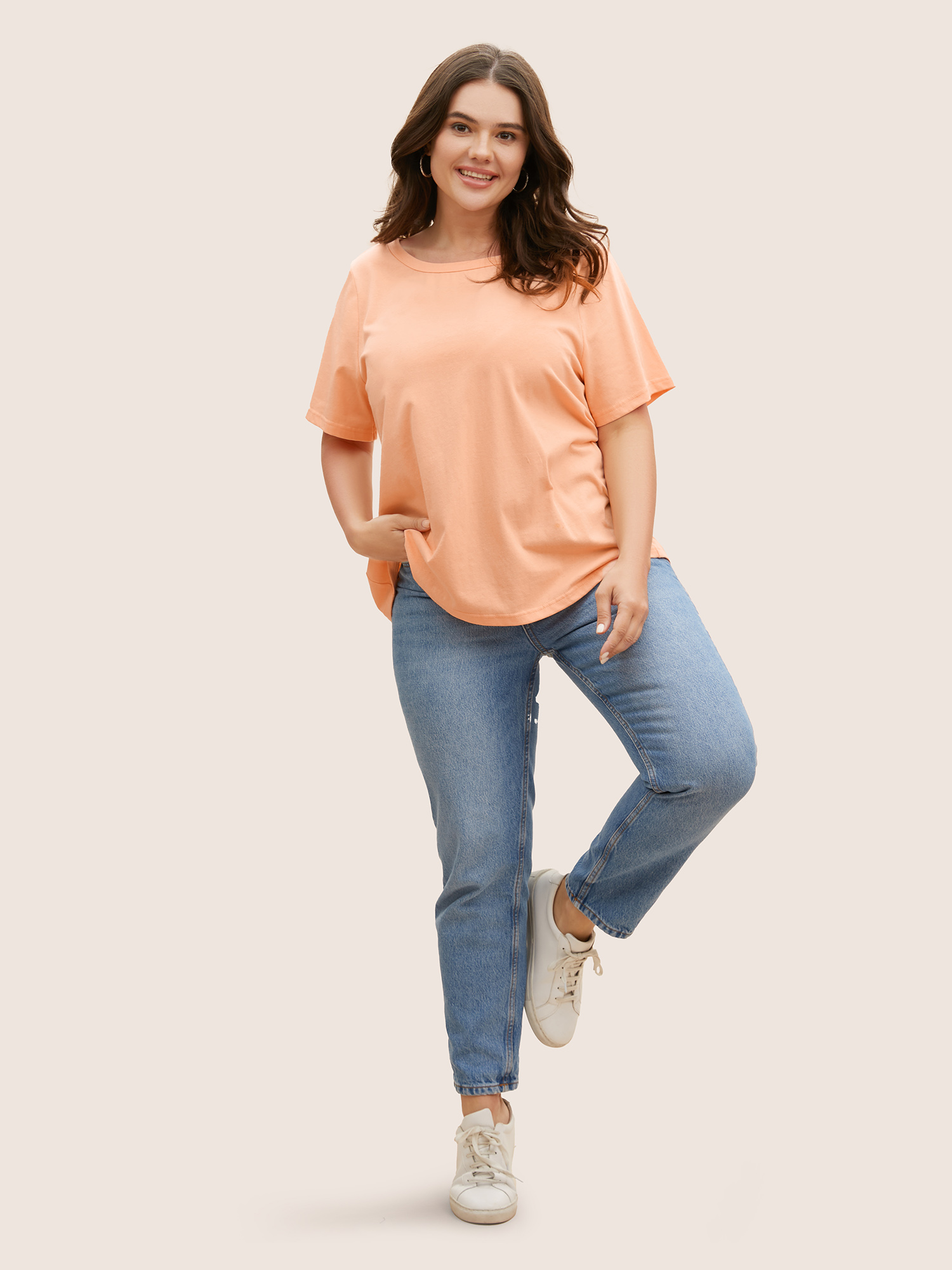 Plus Size Cotton Round Neck Back Cut Out T-shirt Lightorange Women Casual Cut-Out Round Neck Everyday T-shirts BloomChic 28/5X 
