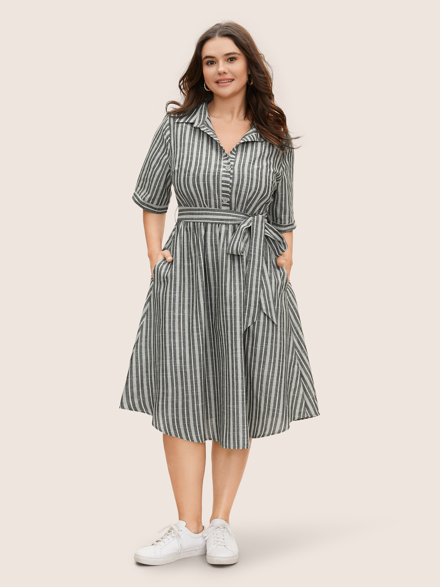 

Plus Size Shirt Collar Striped Button Up Belted Dress DimGray Women Belted Shirt collar Half Sleeve Curvy BloomChic