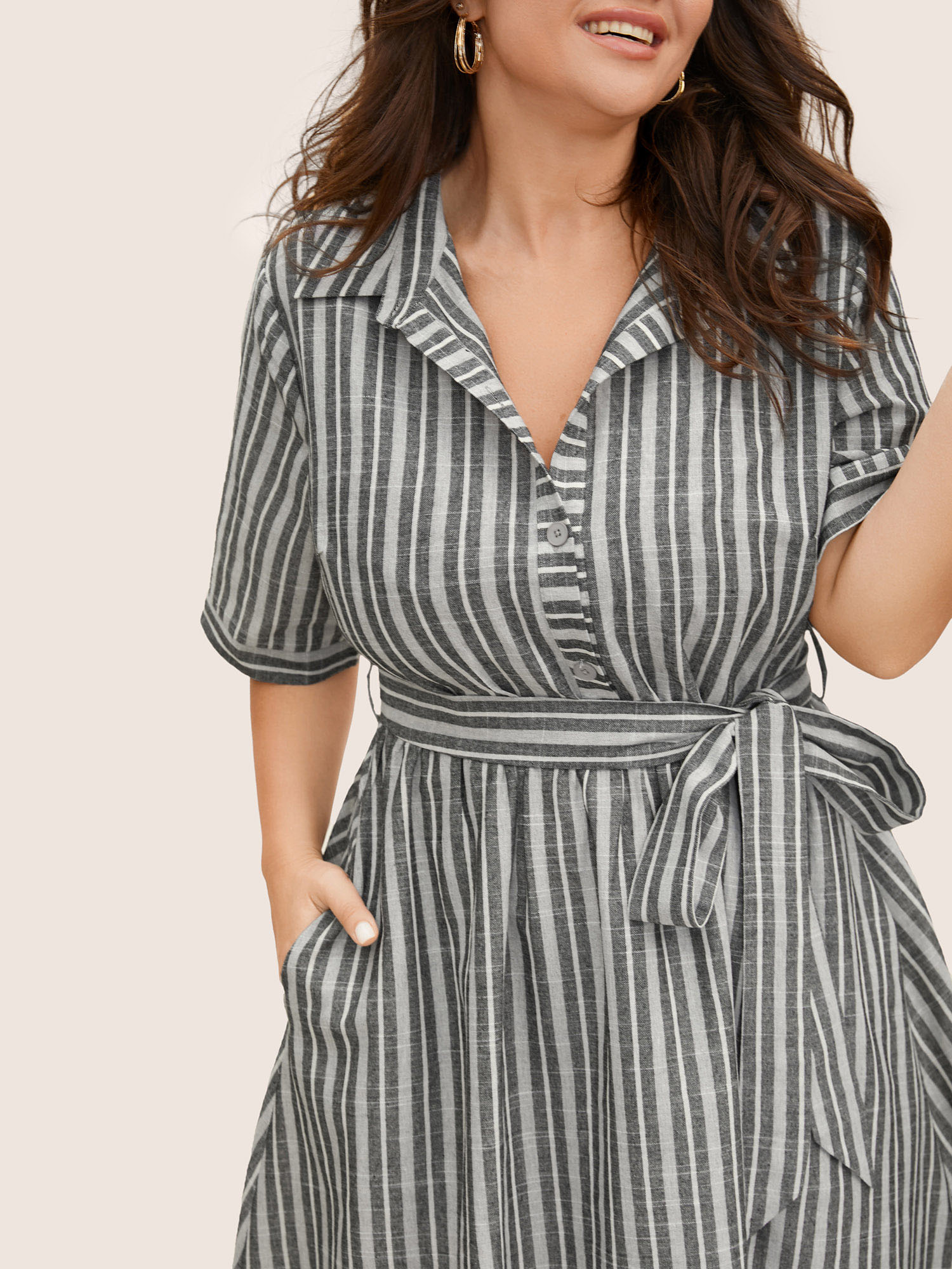 

Plus Size Shirt Collar Striped Button Up Belted Dress DimGray Women Belted Shirt collar Half Sleeve Curvy BloomChic