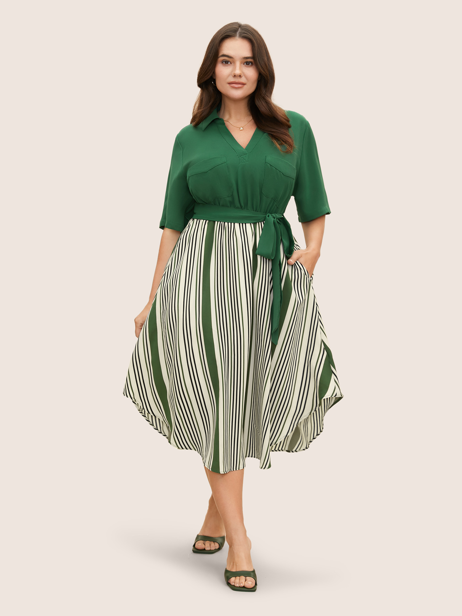 

Plus Size Striped Patchwork Belted Patched Pocket Dress Truegreen Women Belted Shirt collar Half Sleeve Curvy BloomChic