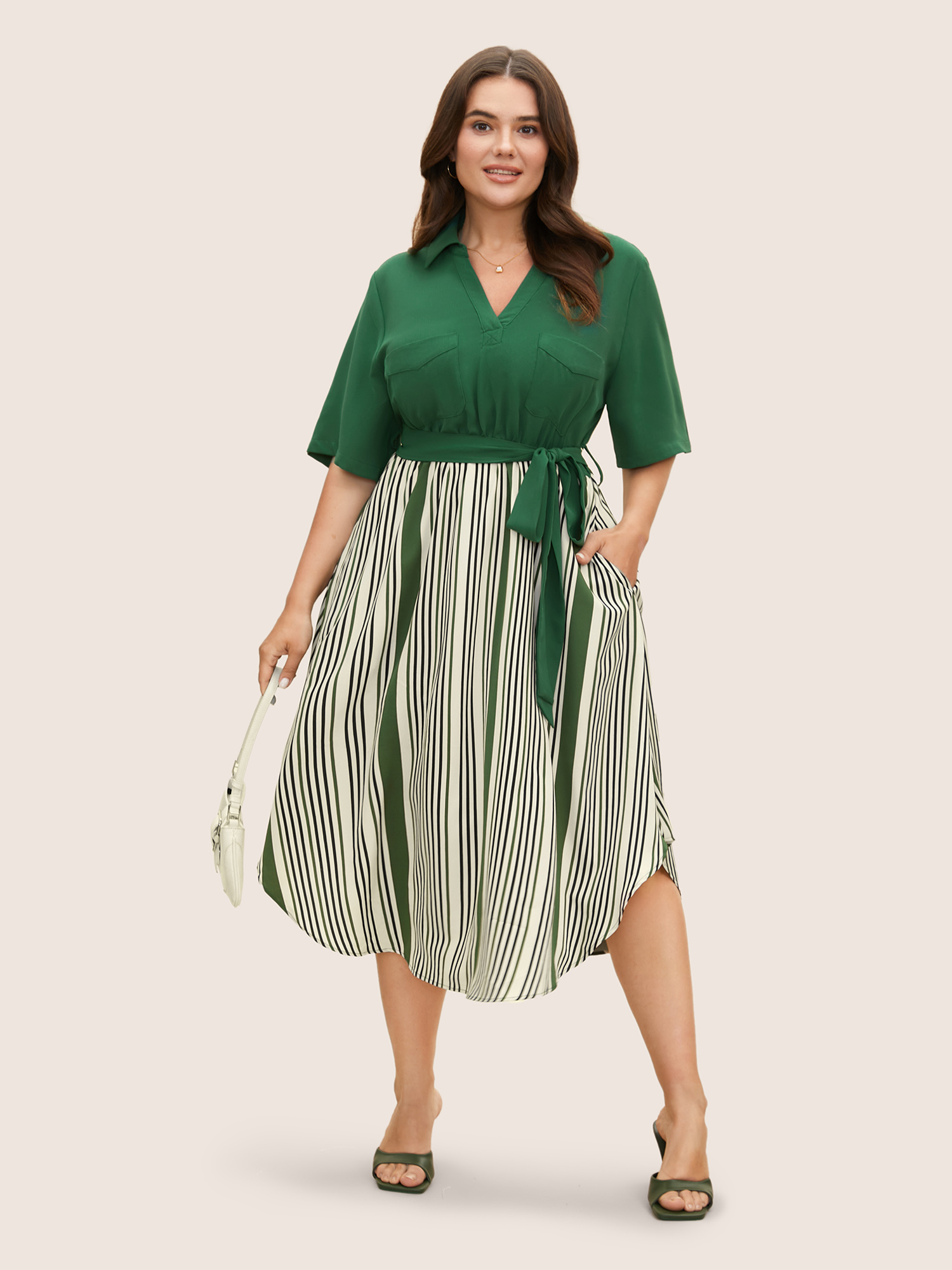 

Plus Size Striped Patchwork Belted Patched Pocket Dress Truegreen Women Belted Shirt collar Half Sleeve Curvy BloomChic