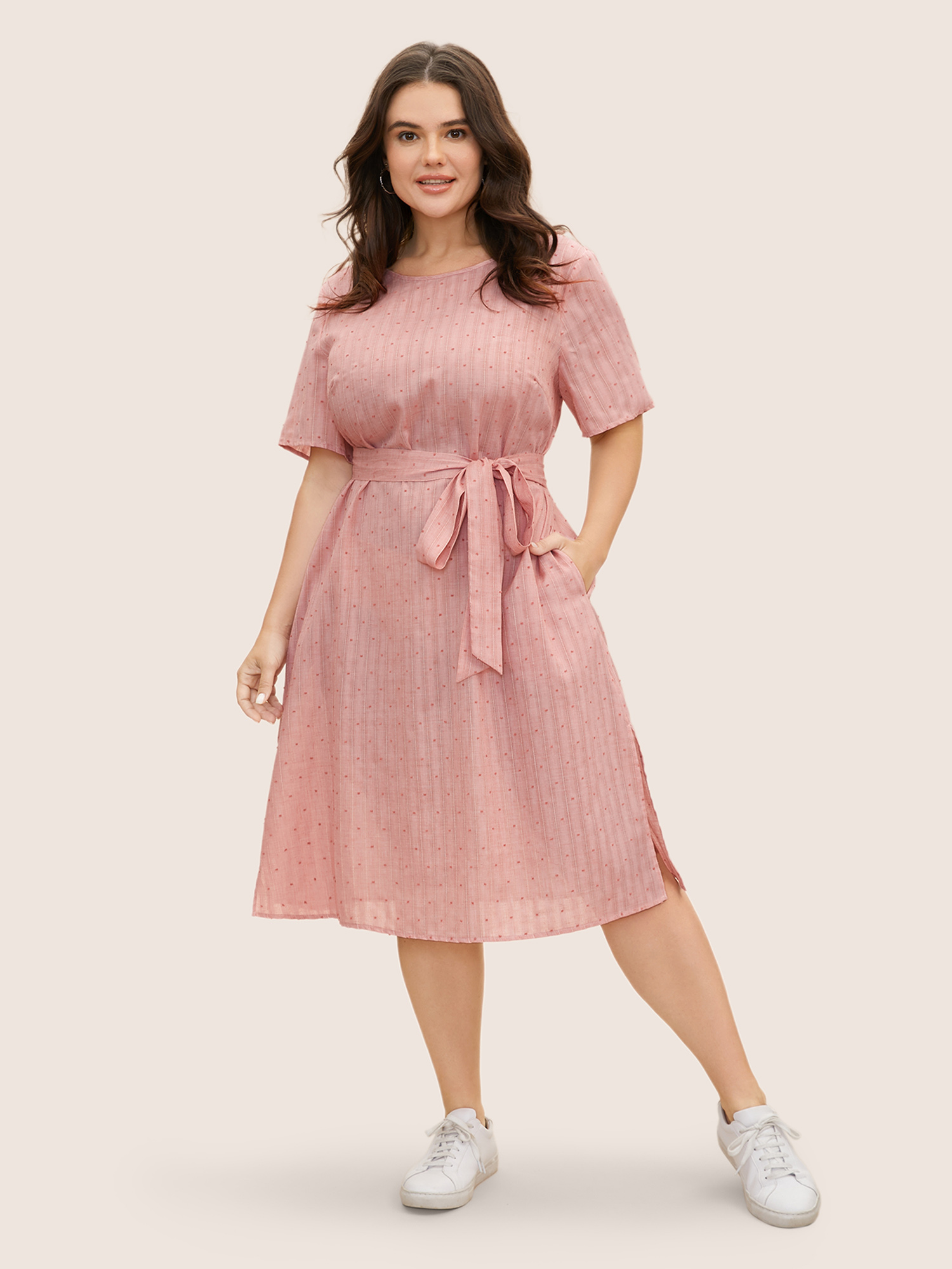 

Plus Size Polka Dot Jacquard Split Hem Belted Dress Beanpastepowder Women Texture Round Neck Short sleeve Curvy BloomChic