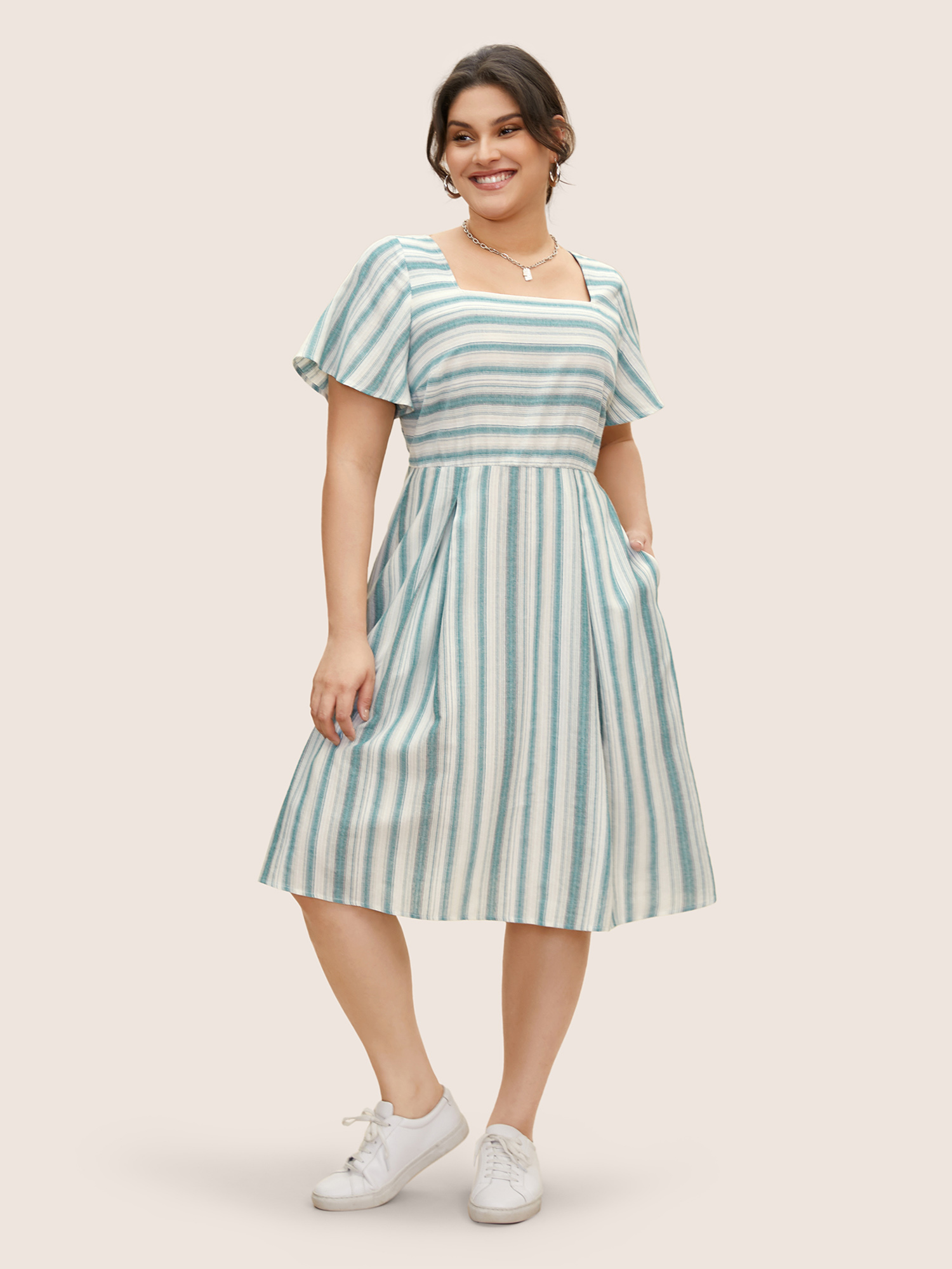 Plus Size Square Neck Striped Ruffle Sleeve Pleated Dress Teal Women Pleated Square Neck Short sleeve Curvy BloomChic 14-16/1X 