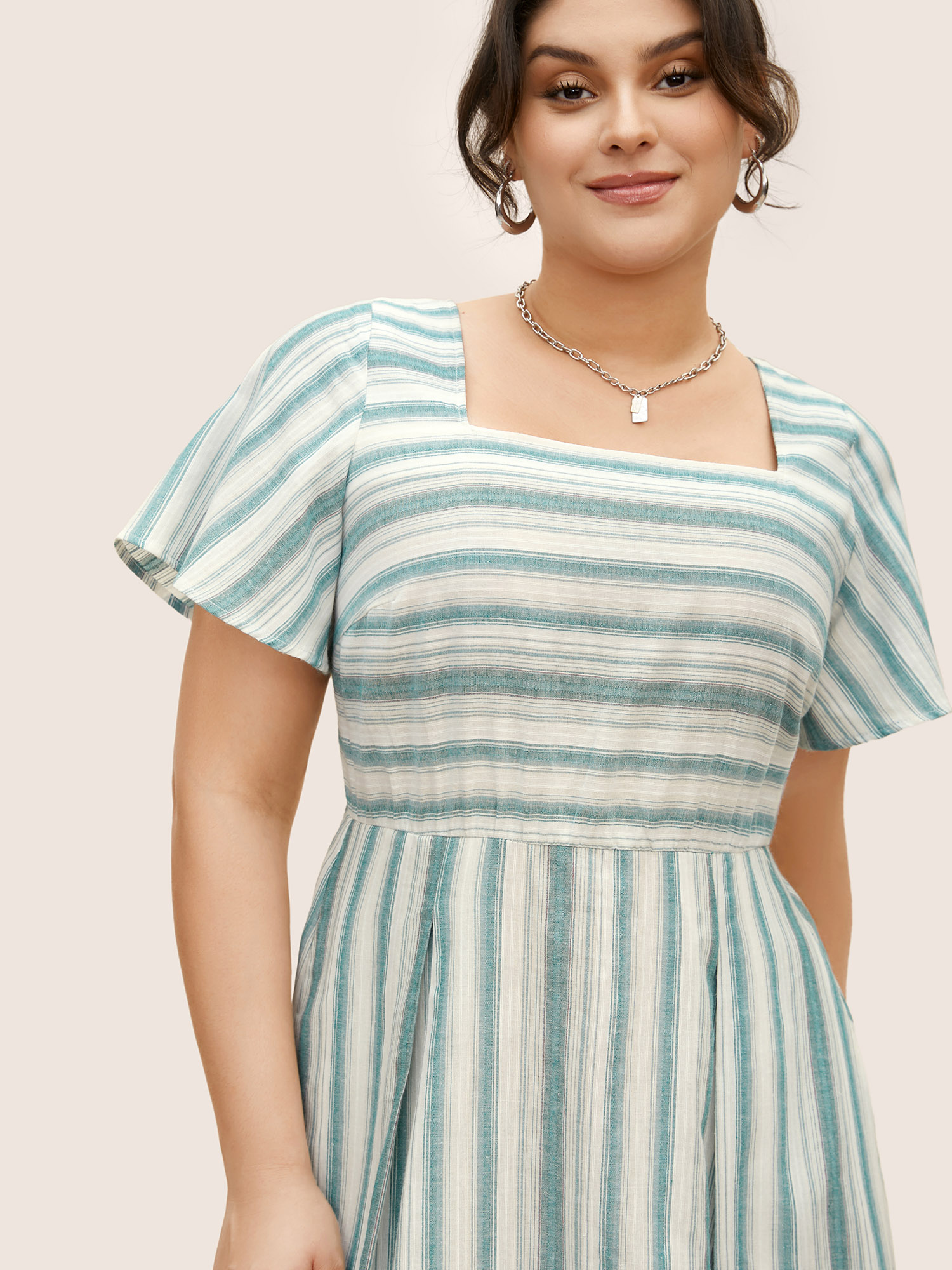 Plus Size Square Neck Striped Ruffle Sleeve Pleated Dress Teal Women Pleated Square Neck Short sleeve Curvy BloomChic 14-16/1X 