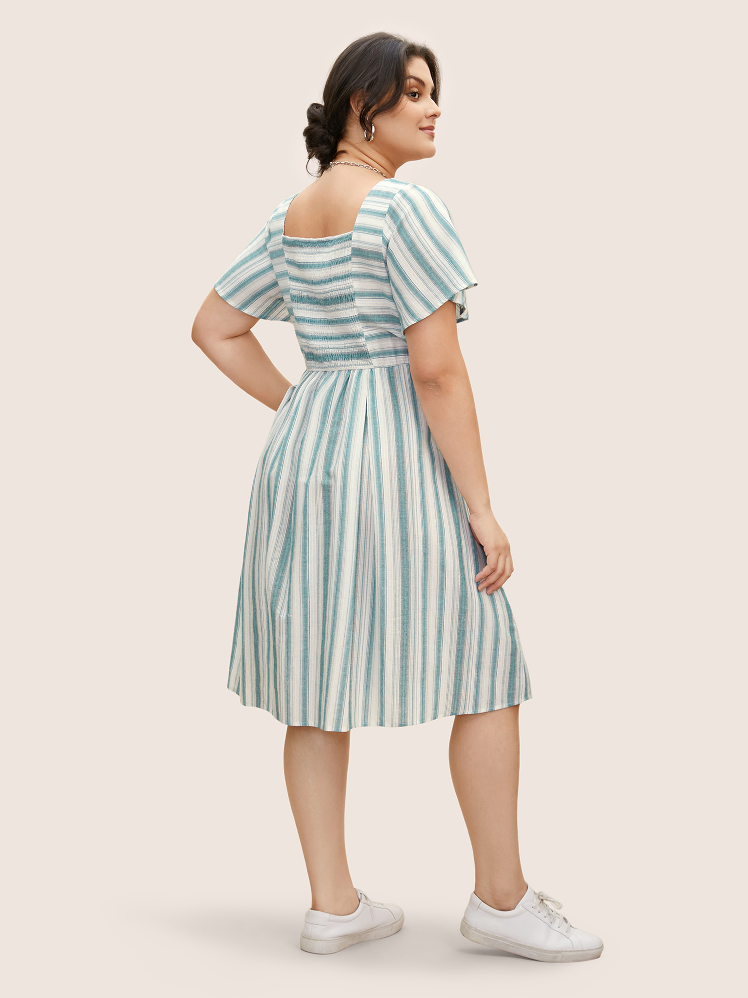 Plus Size Square Neck Striped Ruffle Sleeve Pleated Dress Teal Women Pleated Square Neck Short sleeve Curvy BloomChic 14-16/1X 