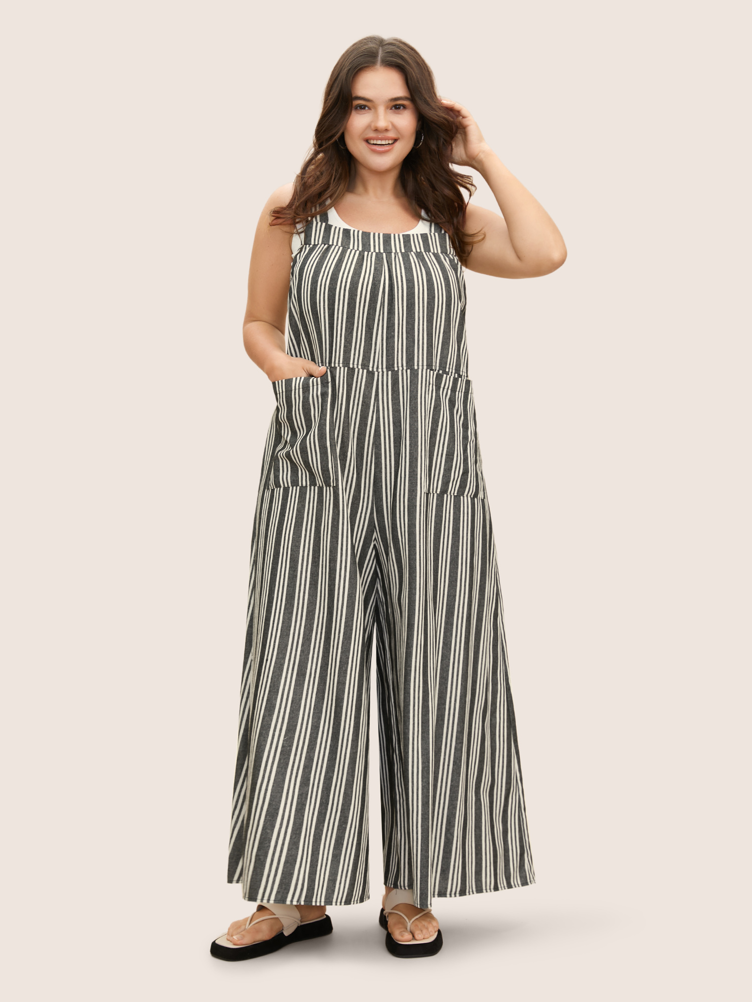 

Plus Size Black Cotton Linen Striped Patched Pocket Loose Jumpsuit Women Casual Sleeveless Non Everyday Loose Jumpsuits BloomChic