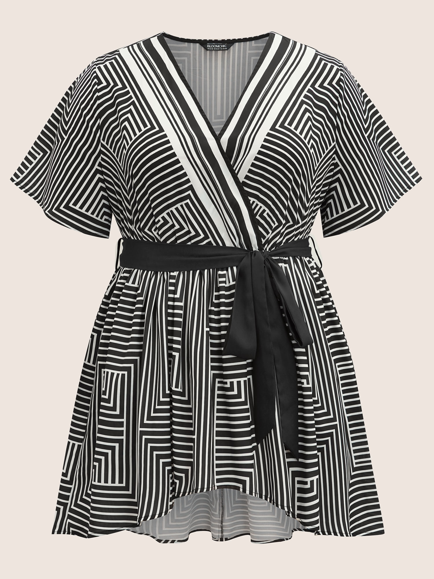 

Plus Size Black Geometric Striped Overlap Collar Pocket Blouse Women Workwear Essentials Short sleeve Overlap Collar Work Blouses BloomChic