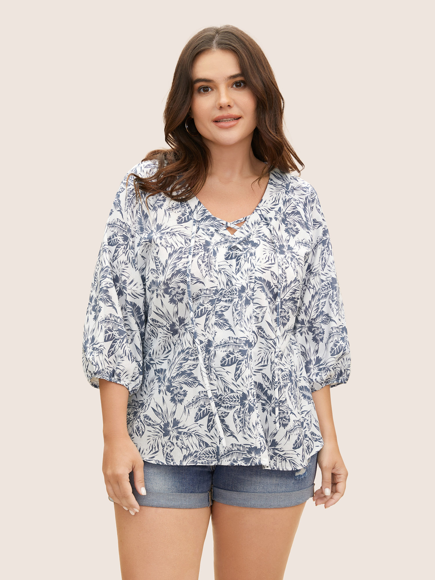 

Plus Size Multicolor Tropical Print Lace Up Lantern Sleeve Blouse Women Casual Elbow-length sleeve V-neck Everyday Blouses BloomChic
