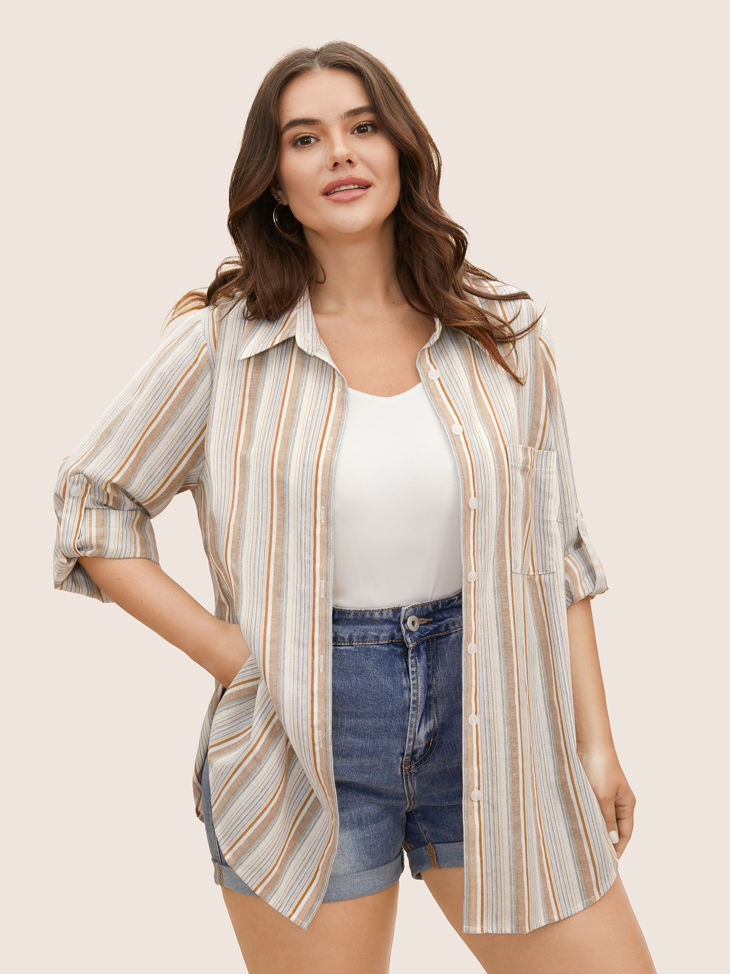

Plus Size Multicolor Striped Shirt Collar Patched Pocket Tab Sleeve Blouse Women Casual Long Sleeve Shirt collar Everyday Blouses BloomChic