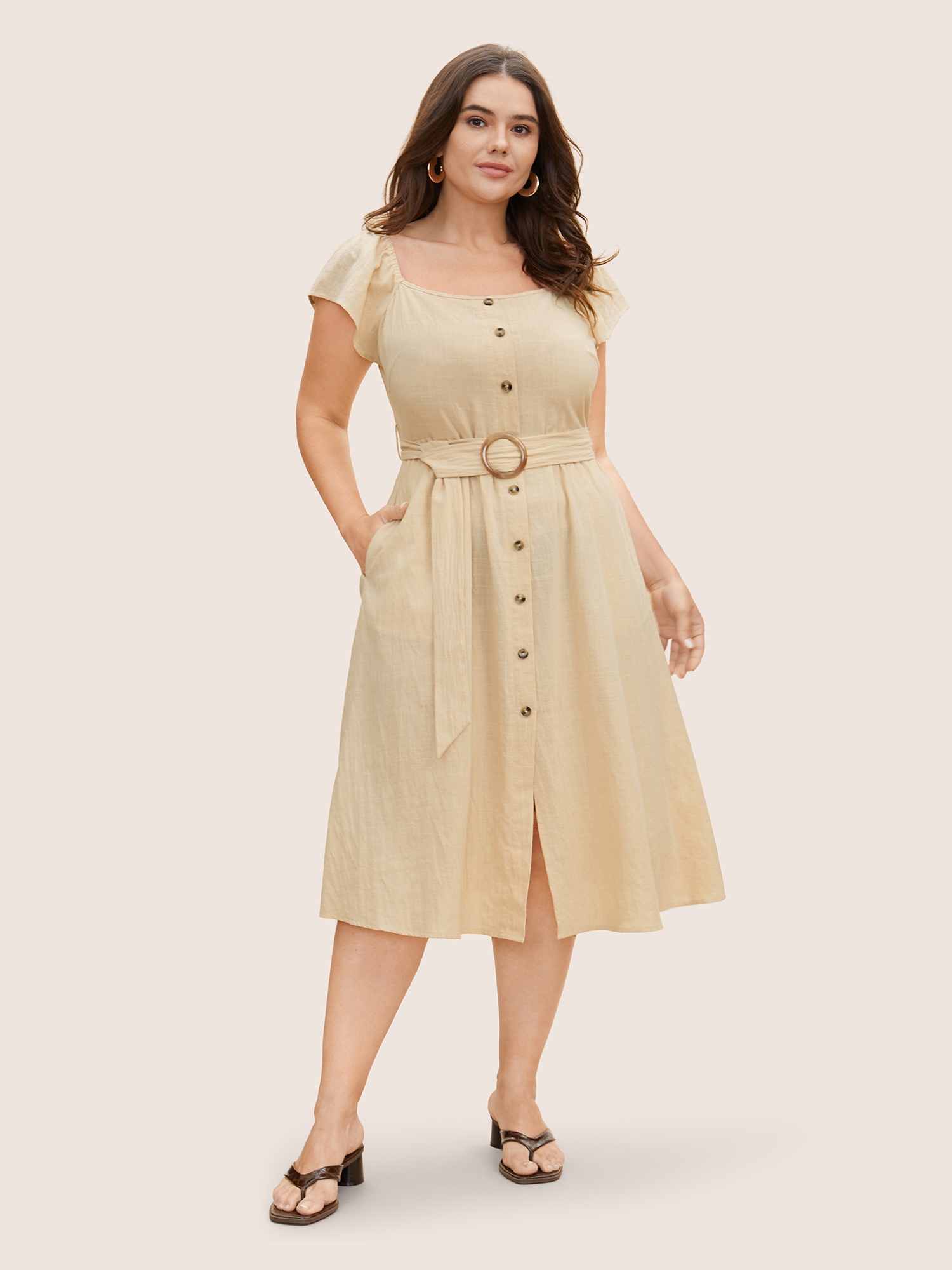 Plus Size Cotton Solid Buckle Detail Ruffle Cap Sleeve Dress Beige Women Belted Square Neck Cap Sleeve Curvy BloomChic 12/L 