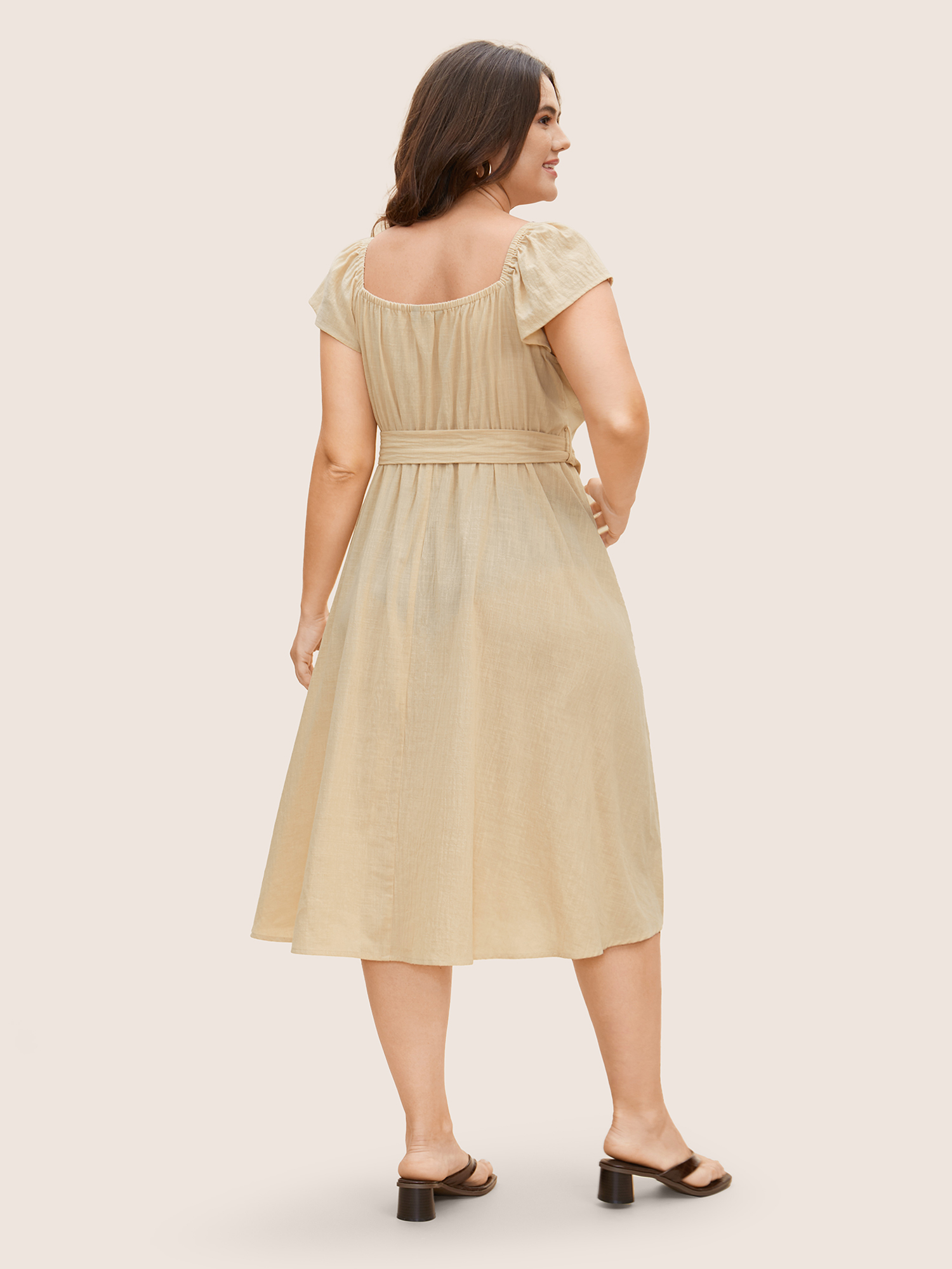 Plus Size Cotton Solid Buckle Detail Ruffle Cap Sleeve Dress Beige Women Belted Square Neck Cap Sleeve Curvy BloomChic 12/L 