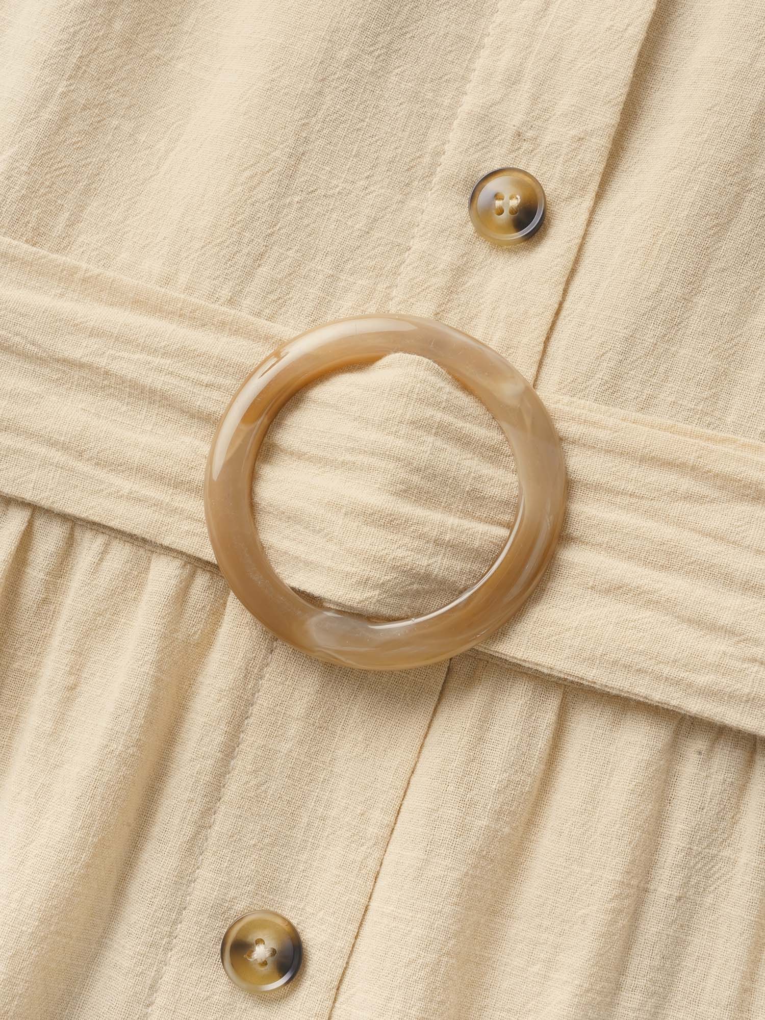 Plus Size Cotton Solid Buckle Detail Ruffle Cap Sleeve Dress Beige Women Belted Square Neck Cap Sleeve Curvy BloomChic 12/L 