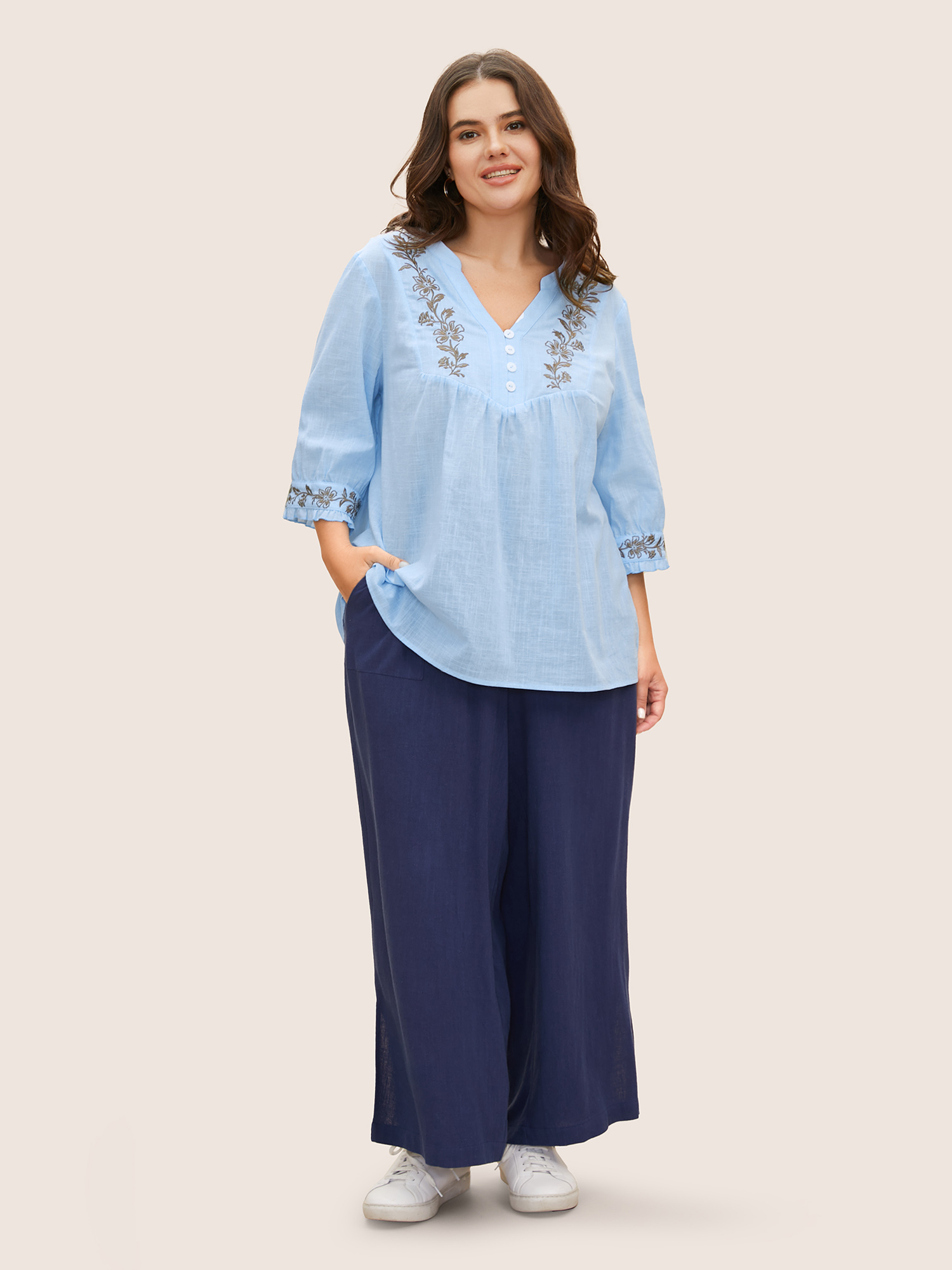 

Plus Size LightBlue Cotton Floral Embroidered Notched Collar Frill Trim Blouse Women Casual Elbow-length sleeve Notched collar Everyday Blouses BloomChic
