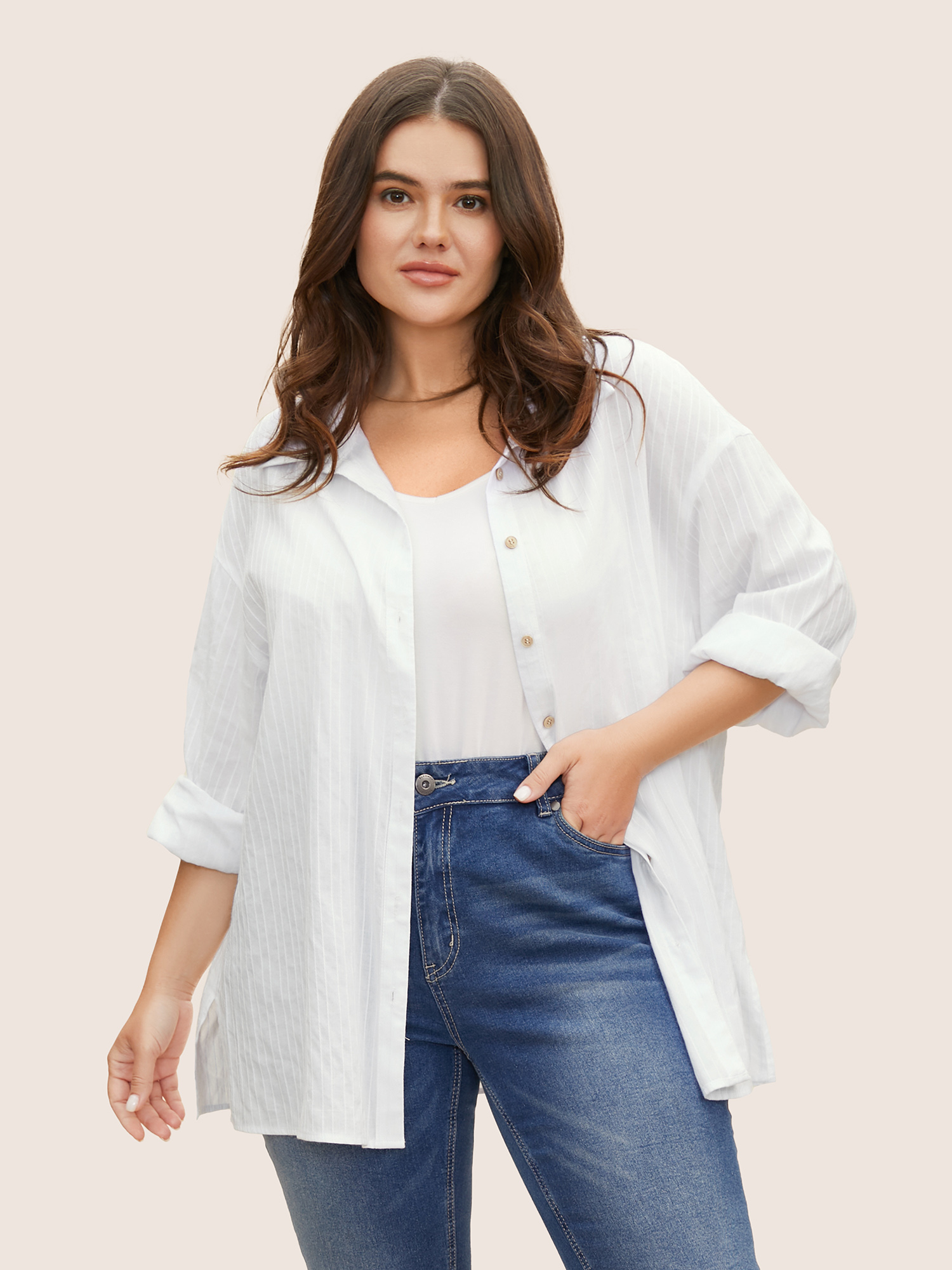 

Plus Size Originalwhite Texture Shirt Collar Drop Shoulder Sleeve Blouse Women Casual Long Sleeve Shirt collar Everyday Blouses BloomChic