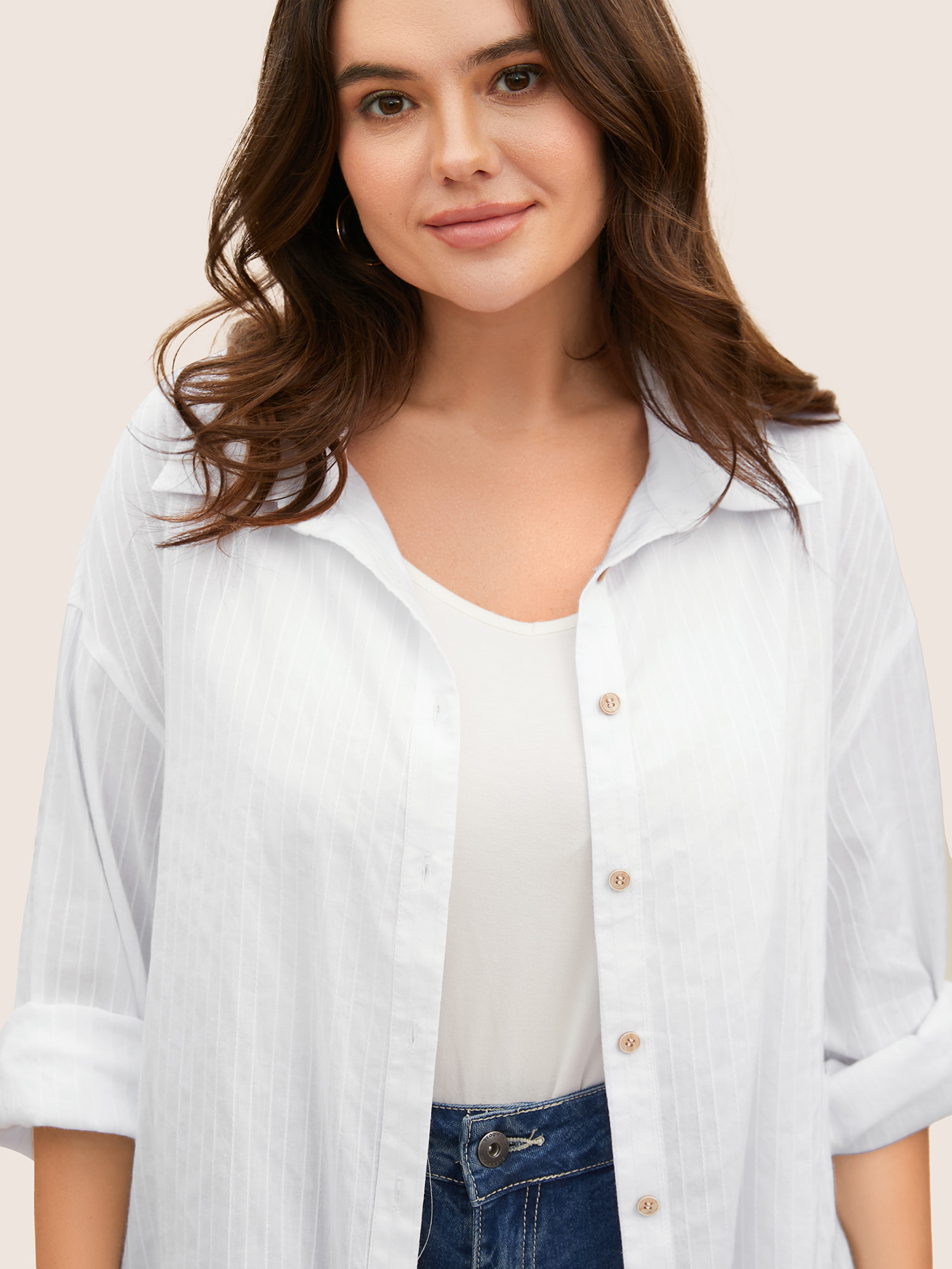 

Plus Size Originalwhite Texture Shirt Collar Drop Shoulder Sleeve Blouse Women Casual Long Sleeve Shirt collar Everyday Blouses BloomChic