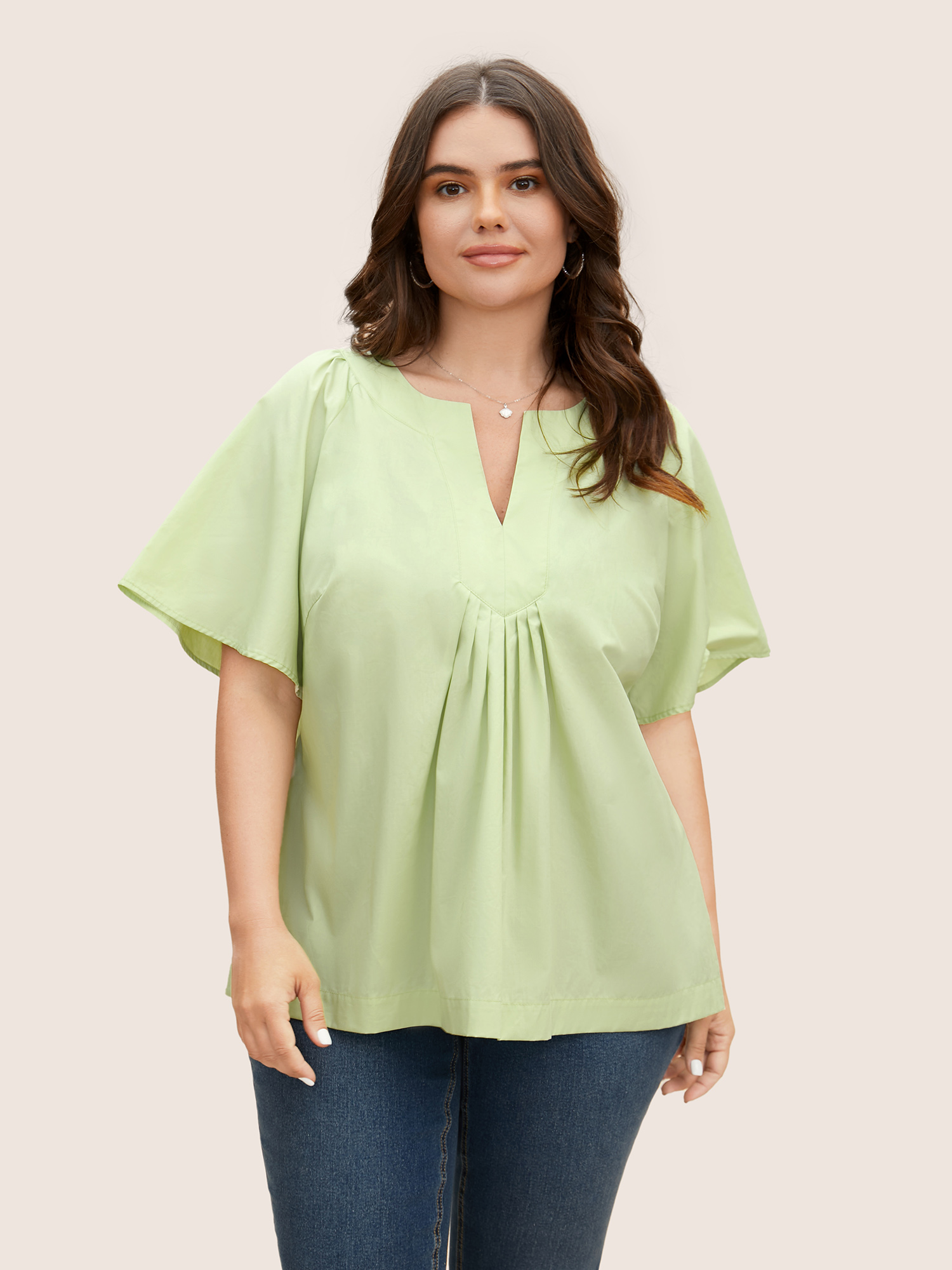 

Plus Size LightGreen Ruffle Sleeve Ruffle Sleeve Pleated Blouse Women Casual Short sleeve V-neck Everyday Blouses BloomChic