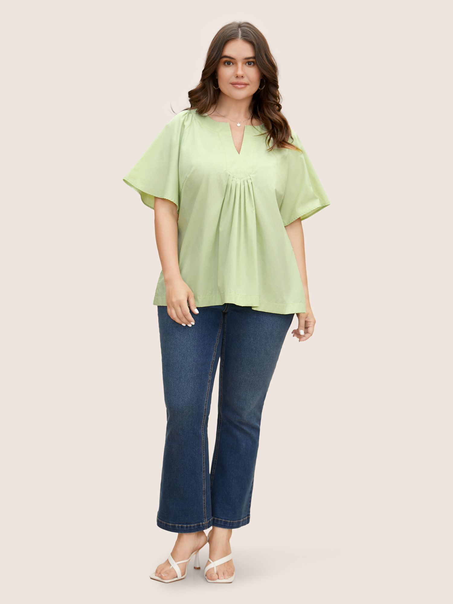 Plus Size LightGreen Ruffle Sleeve Ruffle Sleeve Pleated Blouse Women Casual Short sleeve V-neck Everyday Blouses BloomChic 26/4X 