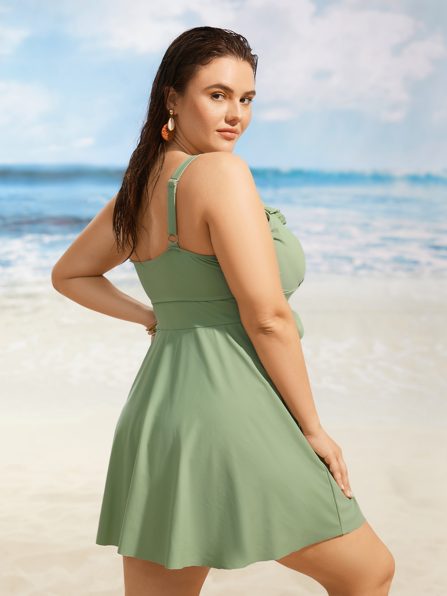 Plus Size Floral Embroidered Frill Trim Tie knot Swim Dress Women`s Swimwear Palemauve Beach Bodycon Heart neckline High stretch Curve Swim Dresses BloomChic 12/L 