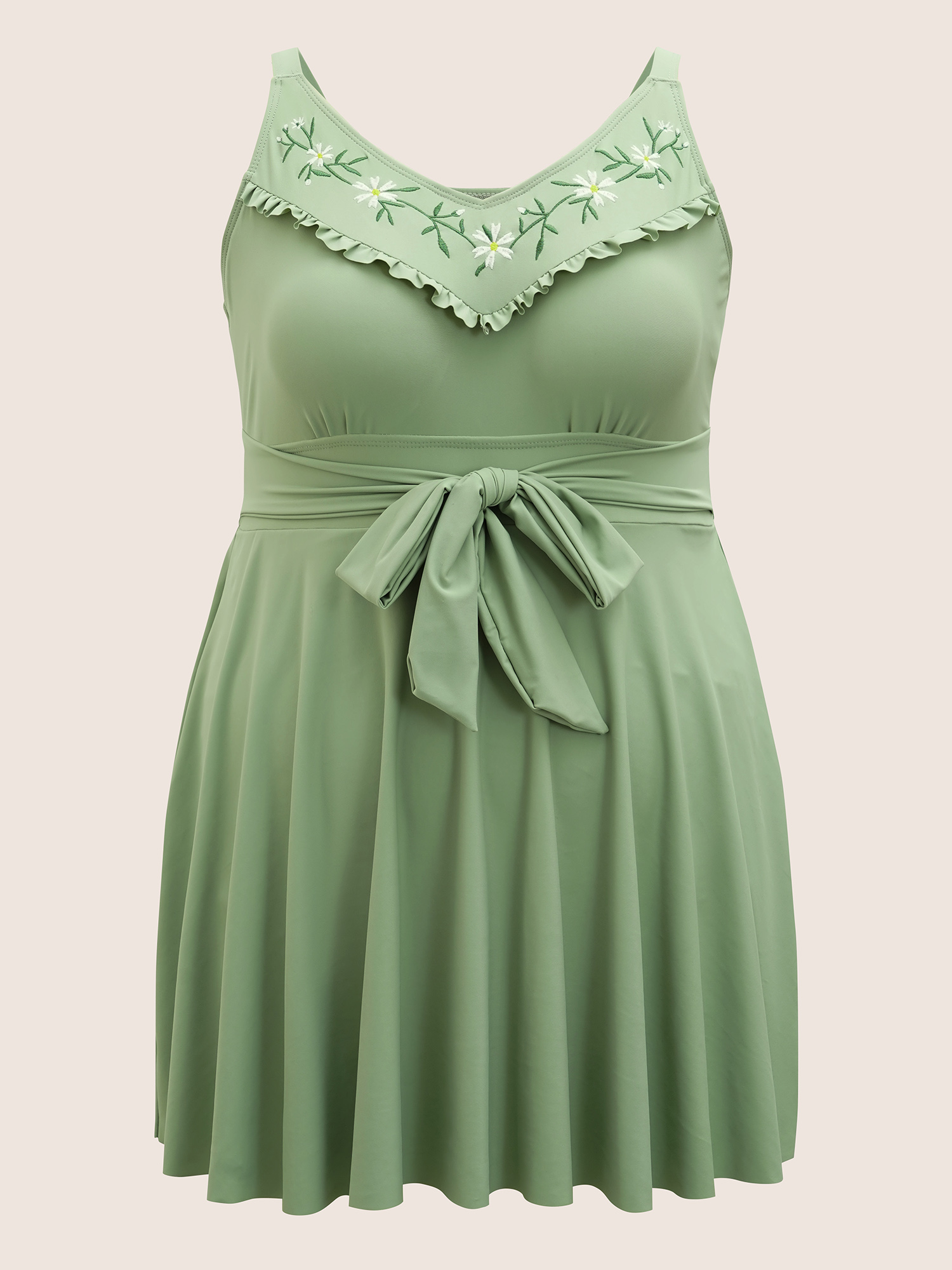 Plus Size Floral Embroidered Frill Trim Tie knot Swim Dress Women`s Swimwear Palemauve Beach Bodycon Heart neckline High stretch Curve Swim Dresses BloomChic 12/L 