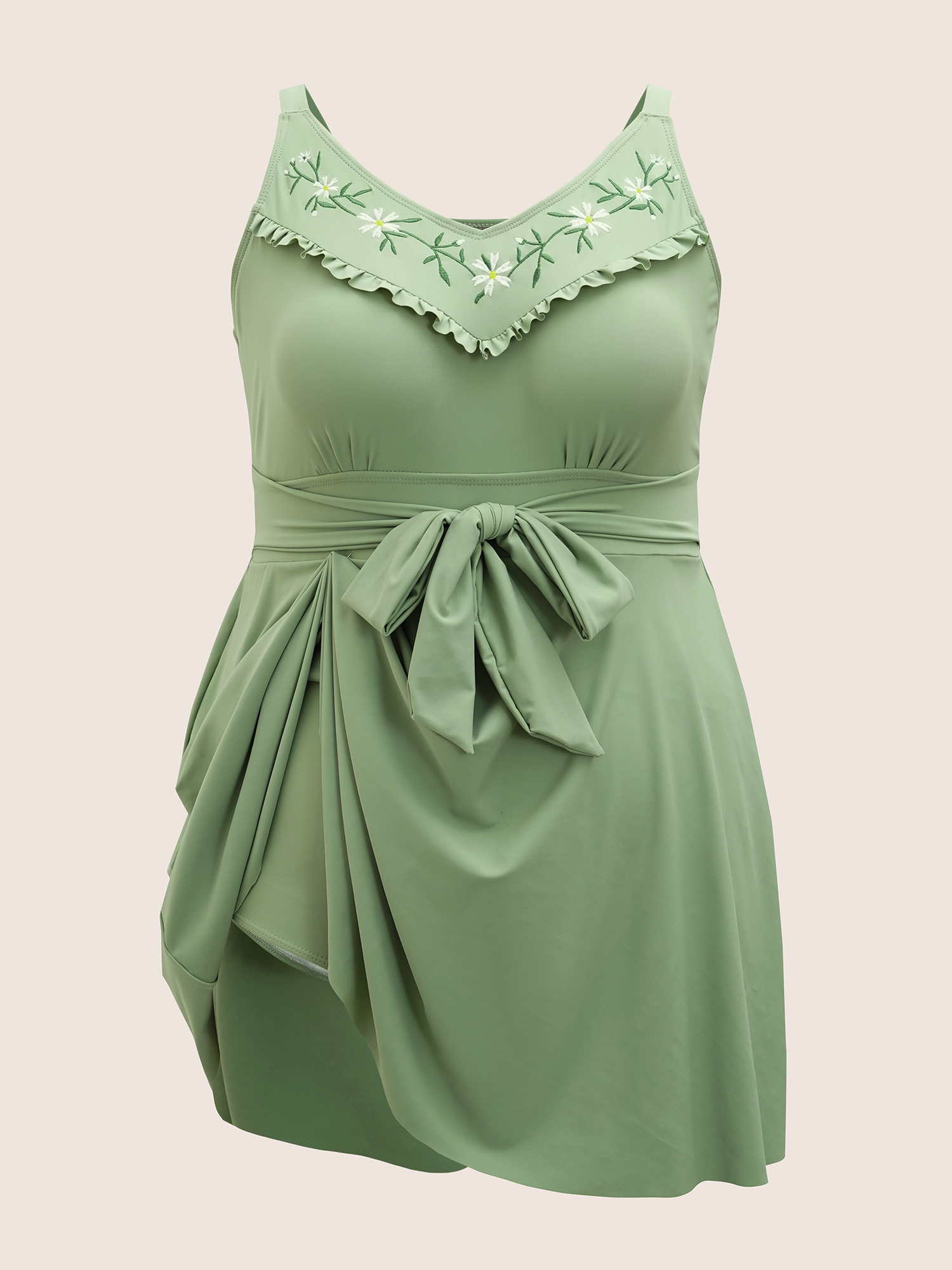 Plus Size Floral Embroidered Frill Trim Tie knot Swim Dress Women`s Swimwear Palemauve Beach Bodycon Heart neckline High stretch Curve Swim Dresses BloomChic 12/L 