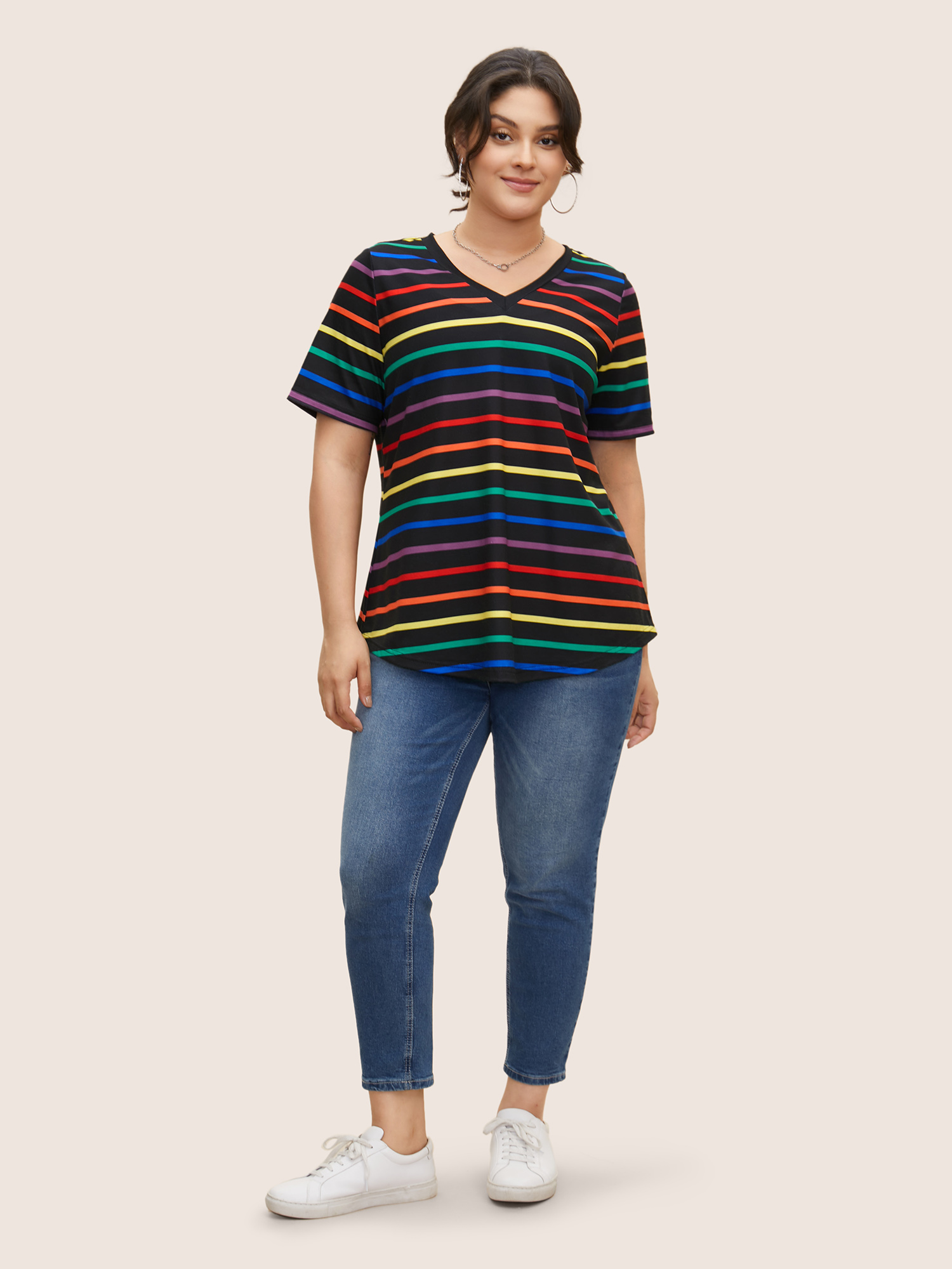 Plus Size V Neck Contrast Striped Stretched T-shirt Multicolor Women Casual Contrast V-neck Everyday T-shirts BloomChic 22-24/3X 