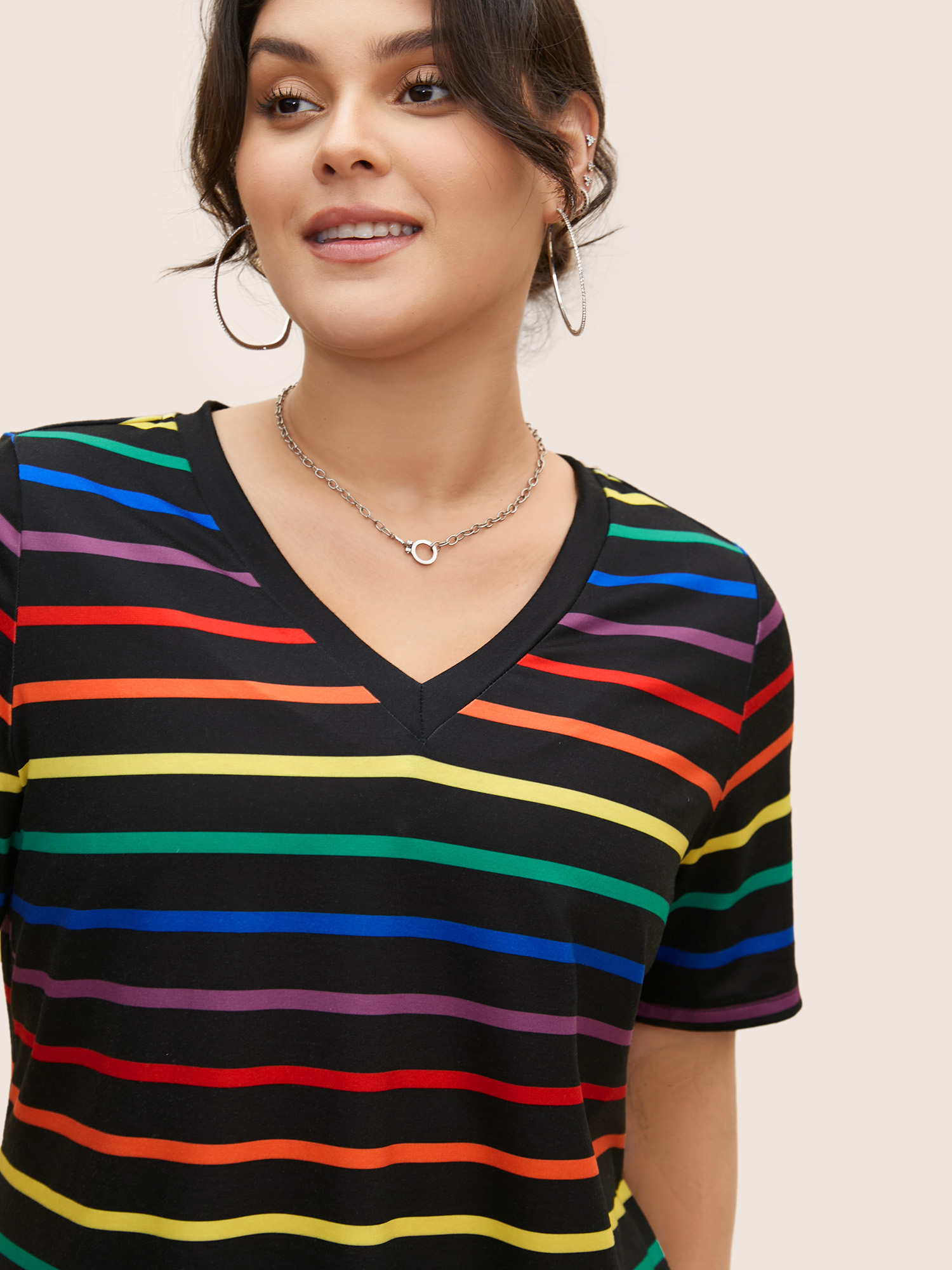 Plus Size V Neck Contrast Striped Stretched T-shirt Multicolor Women Casual Contrast V-neck Everyday T-shirts BloomChic 22-24/3X 
