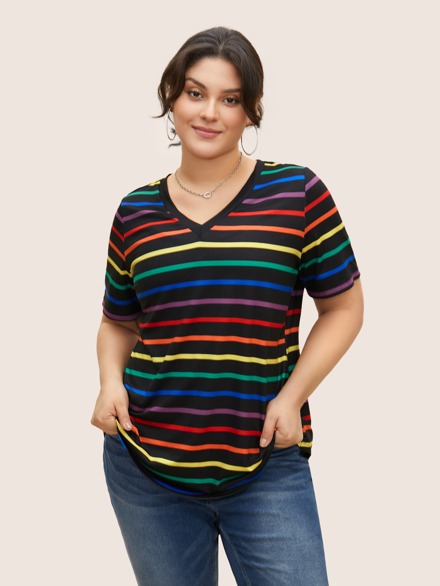 Plus Size V Neck Contrast Striped Stretched T-shirt Multicolor Women Casual Contrast V-neck Everyday T-shirts BloomChic 22-24/3X 