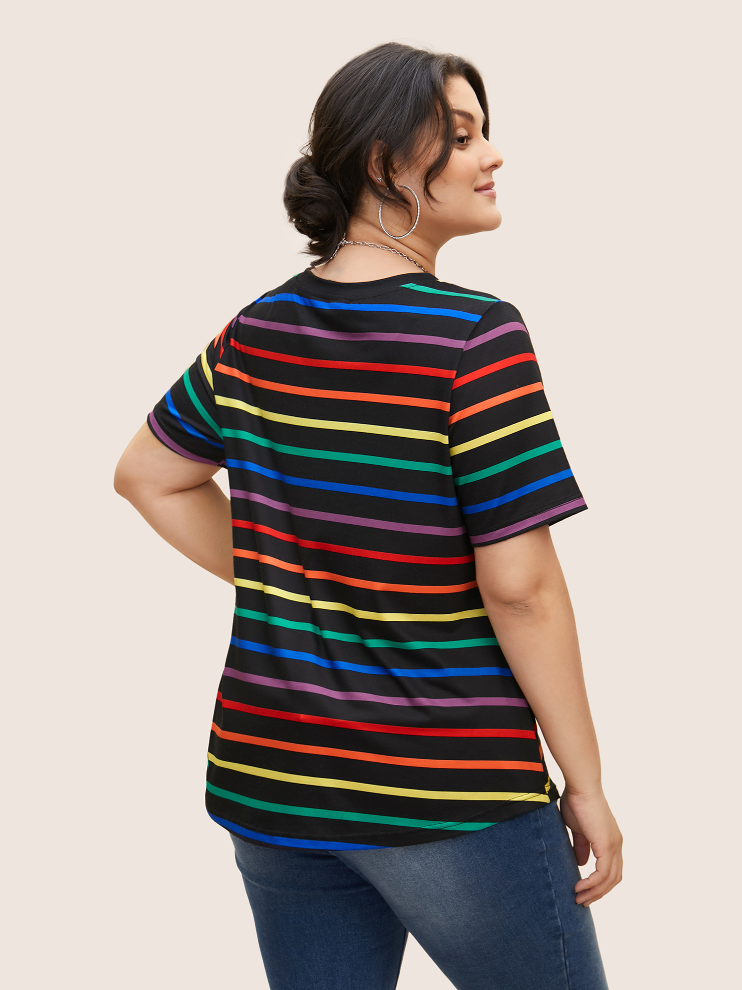 Plus Size V Neck Contrast Striped Stretched T-shirt Multicolor Women Casual Contrast V-neck Everyday T-shirts BloomChic 22-24/3X 
