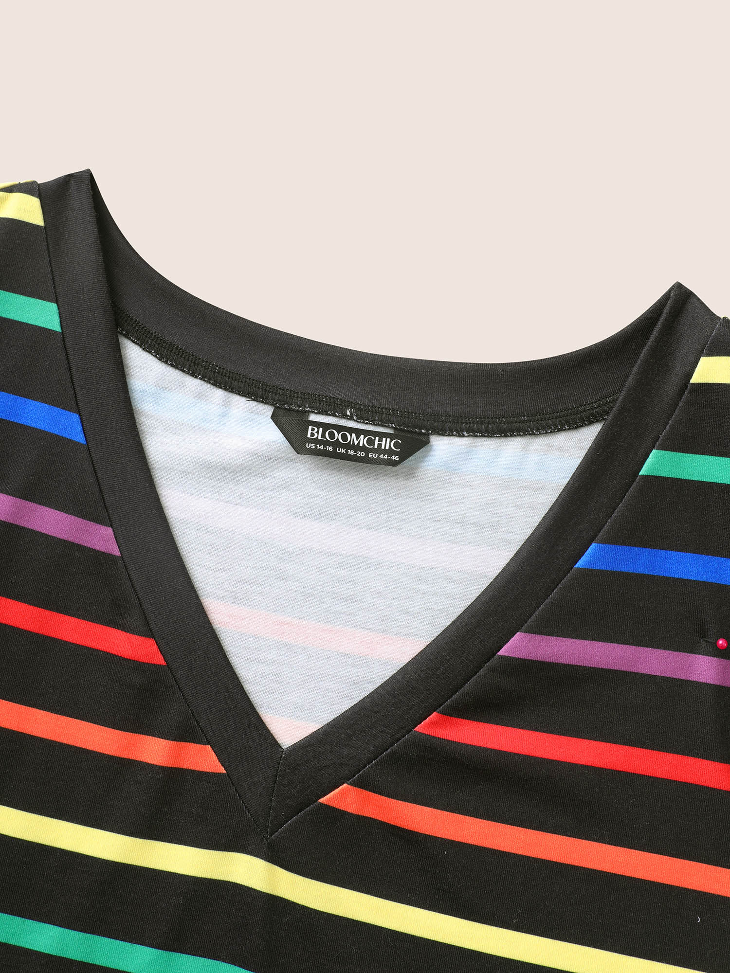 Plus Size V Neck Contrast Striped Stretched T-shirt Multicolor Women Casual Contrast V-neck Everyday T-shirts BloomChic 22-24/3X 