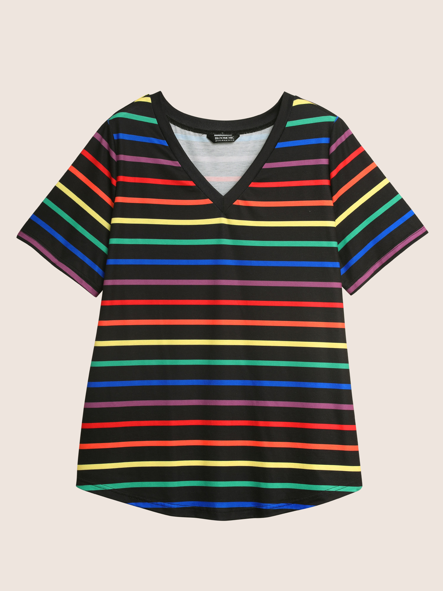 

Plus Size V Neck Contrast Striped Stretched T-shirt Multicolor Women Casual Contrast V-neck Everyday T-shirts BloomChic