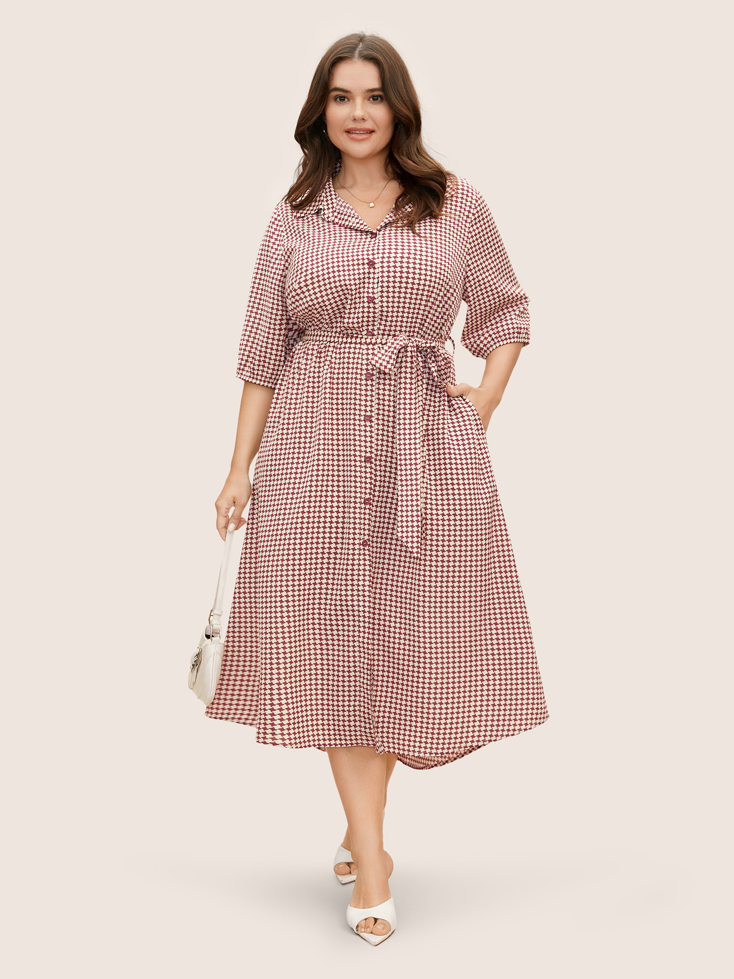 

Plus Size Shirt Collar Geometric Lantern Sleeve Belted Dress Scarlet Women Gathered Shirt collar Half Sleeve Curvy BloomChic