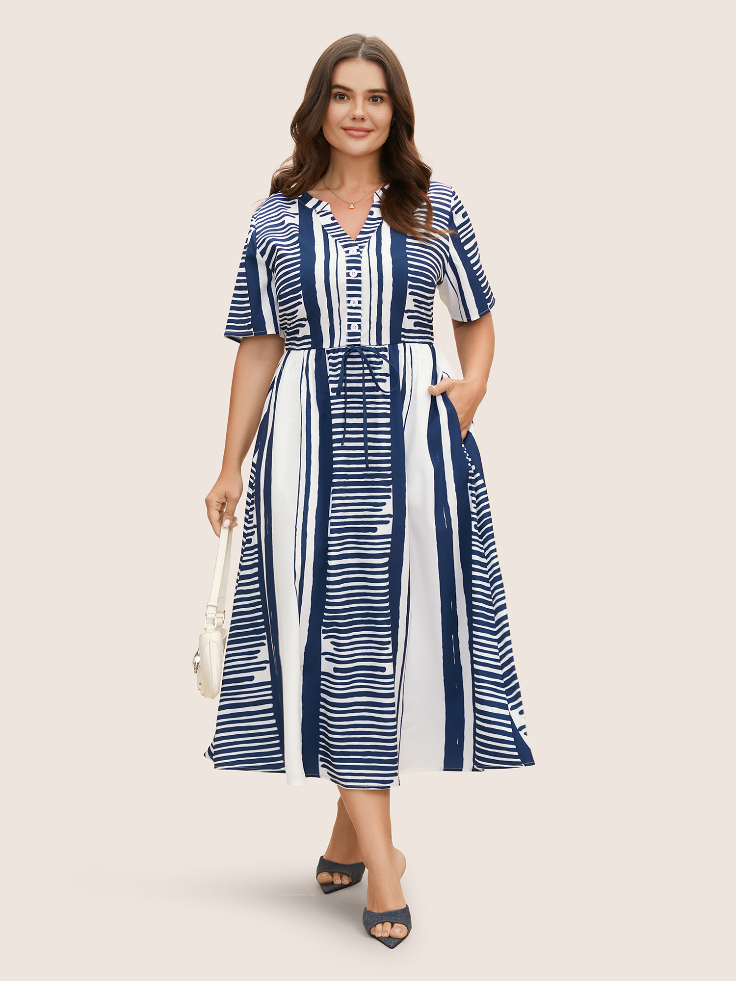 

Plus Size Notched Collar Striped Patchwork Drawstring Dress DarkBlue Women Tie knot Notched collar Short sleeve Curvy BloomChic