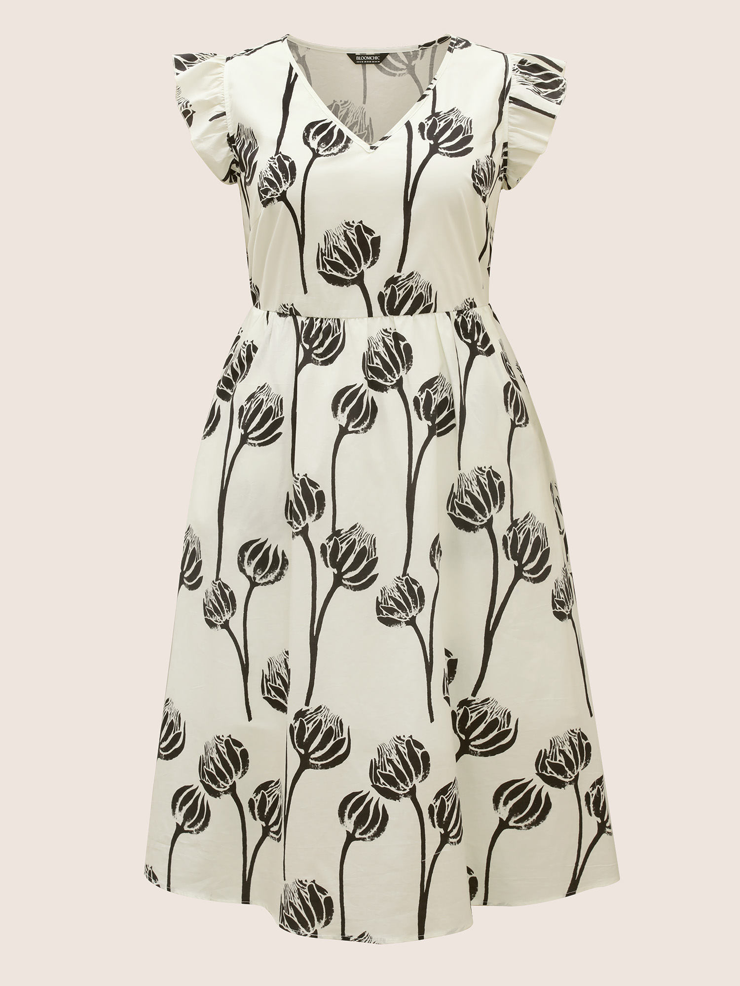 Plus Size V Neck Floral Print Ruffle Cap Sleeve Dress WhiteSmoke Women Ruffles V-neck Cap Sleeve Curvy BloomChic 22-24/3X 