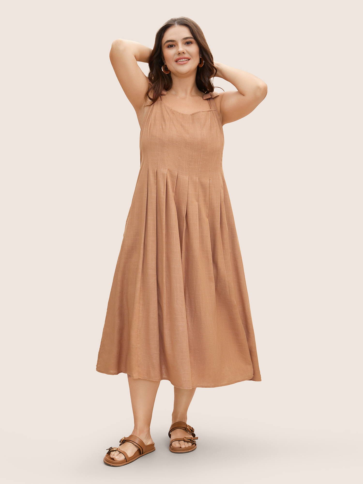 

Plus Size Cotton Linen Solid Pleated Tie Knot Dress Yellowishbrown Women Tie knot Square Neck Sleeveless Curvy BloomChic