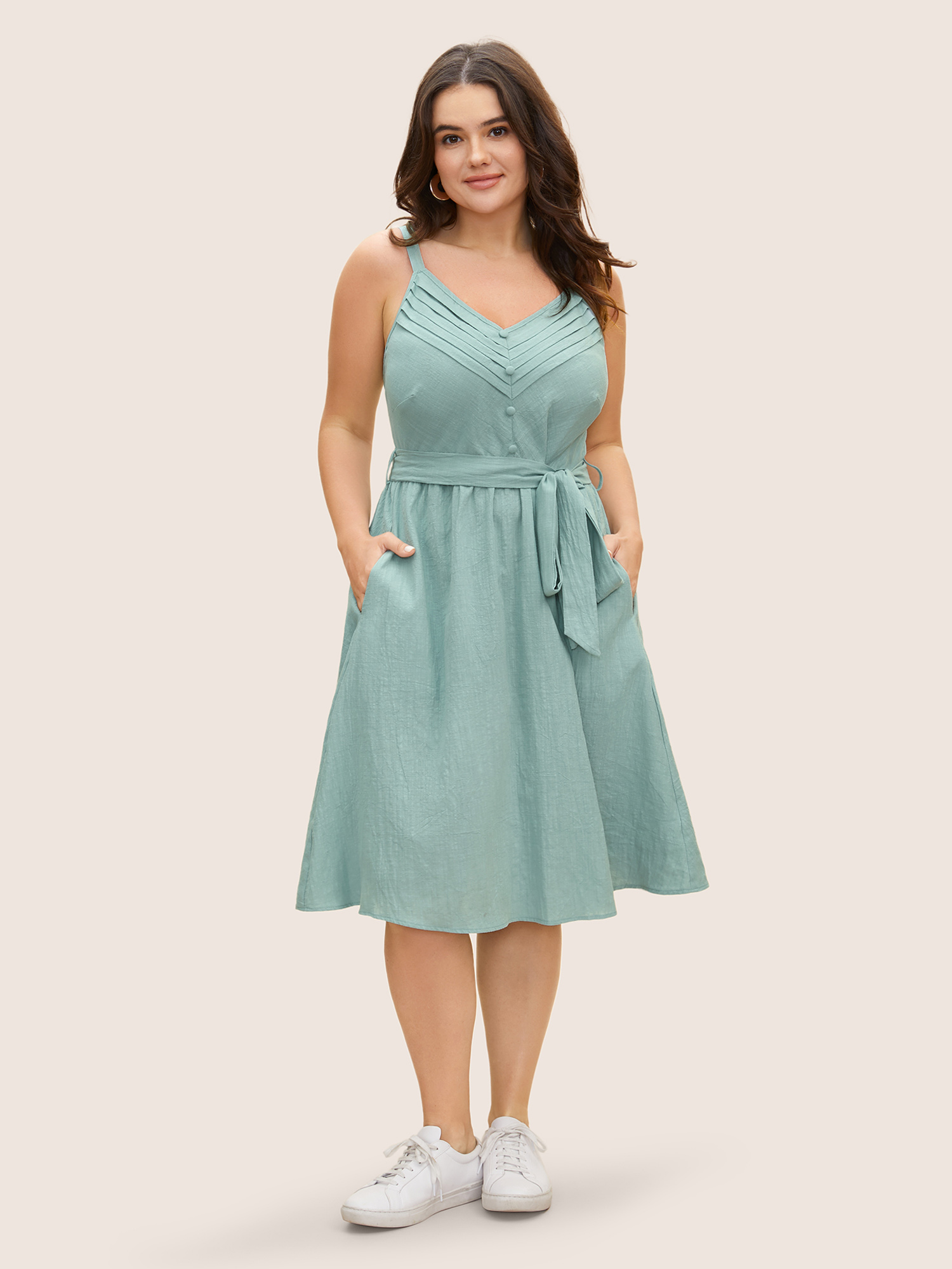 

Plus Size Solid Pleated Button Detail Belted Dress Mint Women Belted V-neck Sleeveless Curvy BloomChic