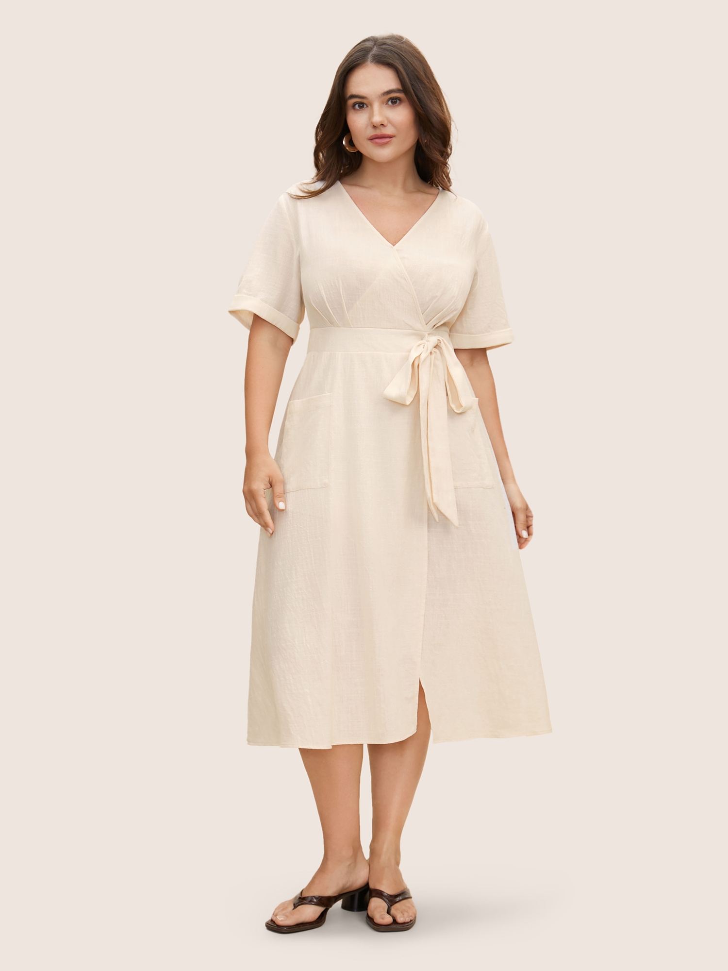 

Plus Size Cotton Linen Cuffed Sleeve Tie Knot Midi Dress Champagne Women Tie knot Overlap Collar Short sleeve Curvy BloomChic