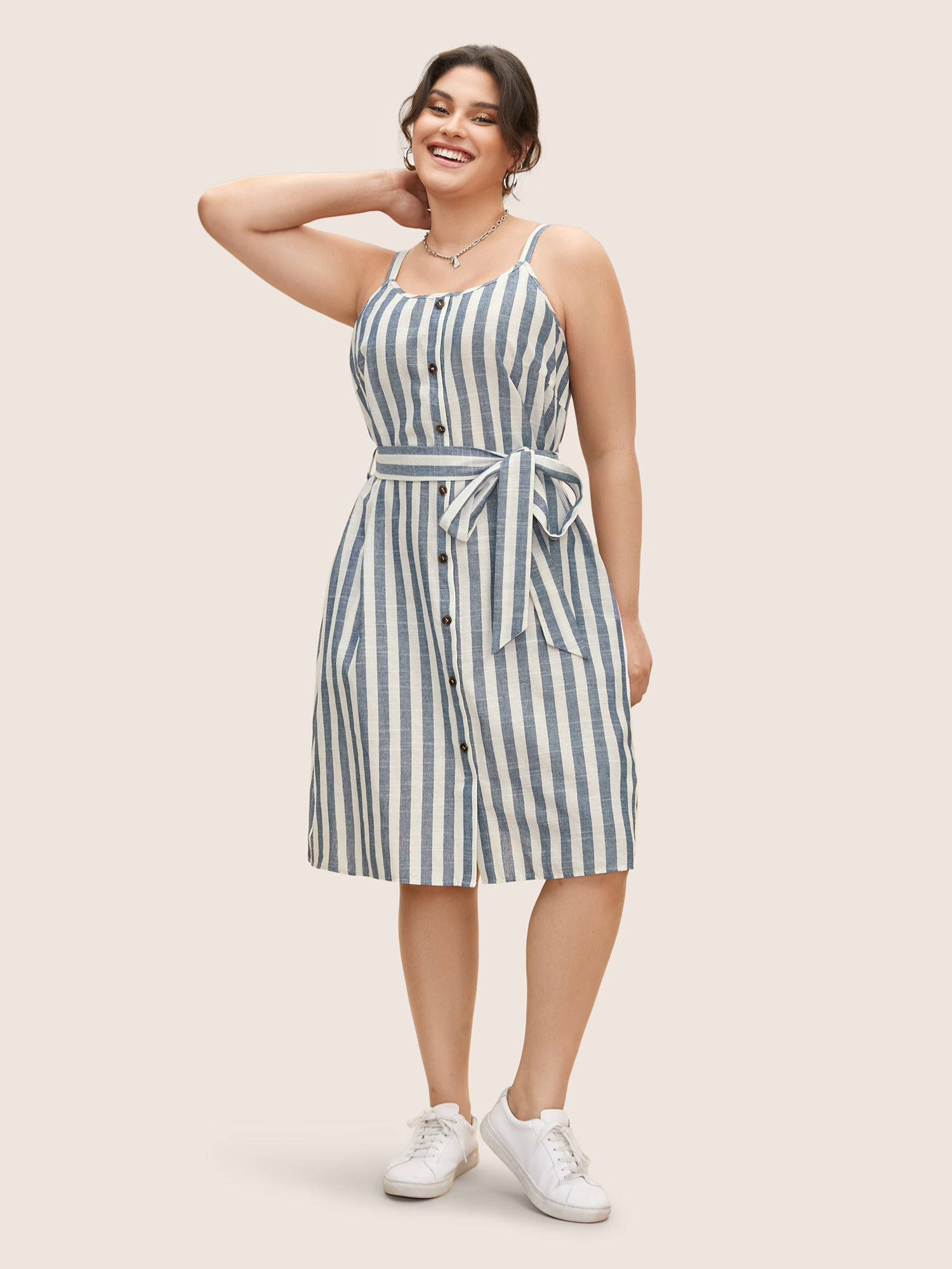 

Plus Size Striped Button Detail Belted Cami Dress DarkBlue Women Belted Non Sleeveless Curvy BloomChic