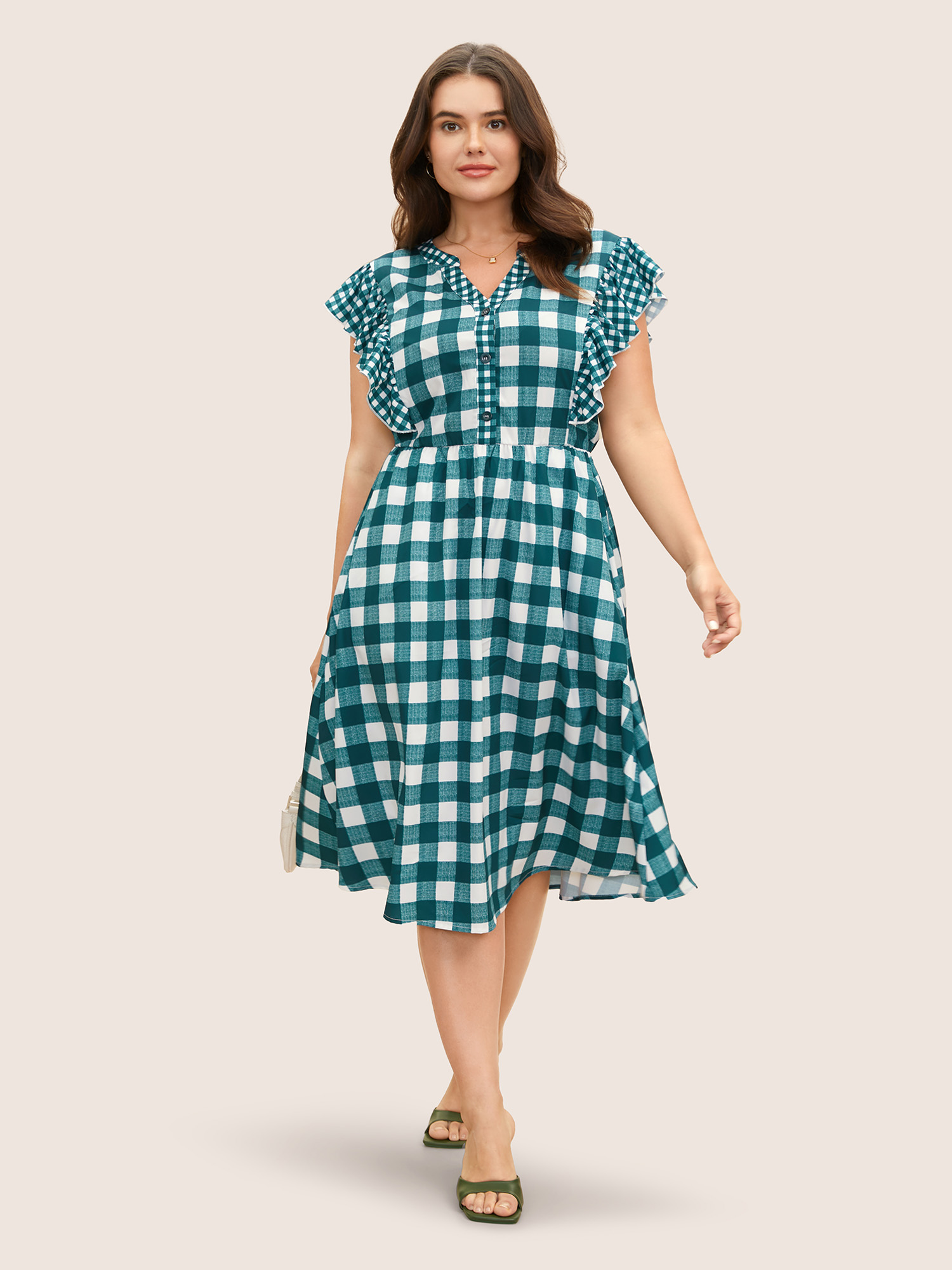 

Plus Size Plaid Notched Ruffle Cap Sleeve Midi Dress Teal Women Patchwork Flat collar with V-notch Cap Sleeve Curvy BloomChic