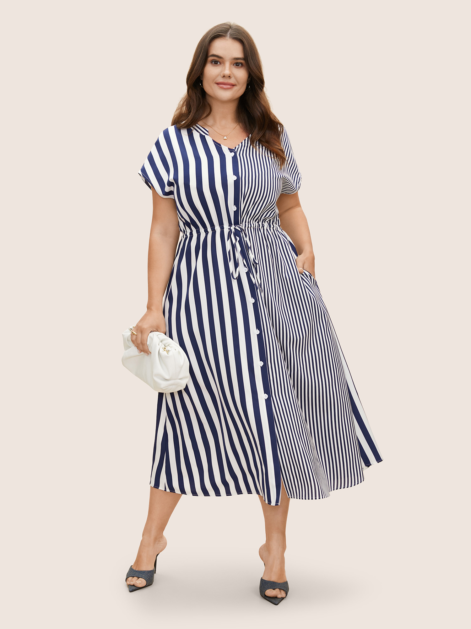 

Plus Size Striped Patchwork Drawstring Dolman Sleeve Dress DarkBlue Women Patchwork Notched collar Short sleeve Curvy BloomChic