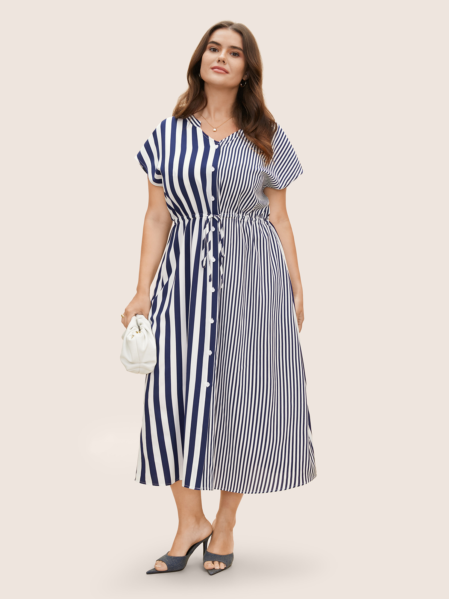 

Plus Size Striped Patchwork Drawstring Dolman Sleeve Dress DarkBlue Women At the Office Patchwork Notched collar Short sleeve Curvy BloomChic