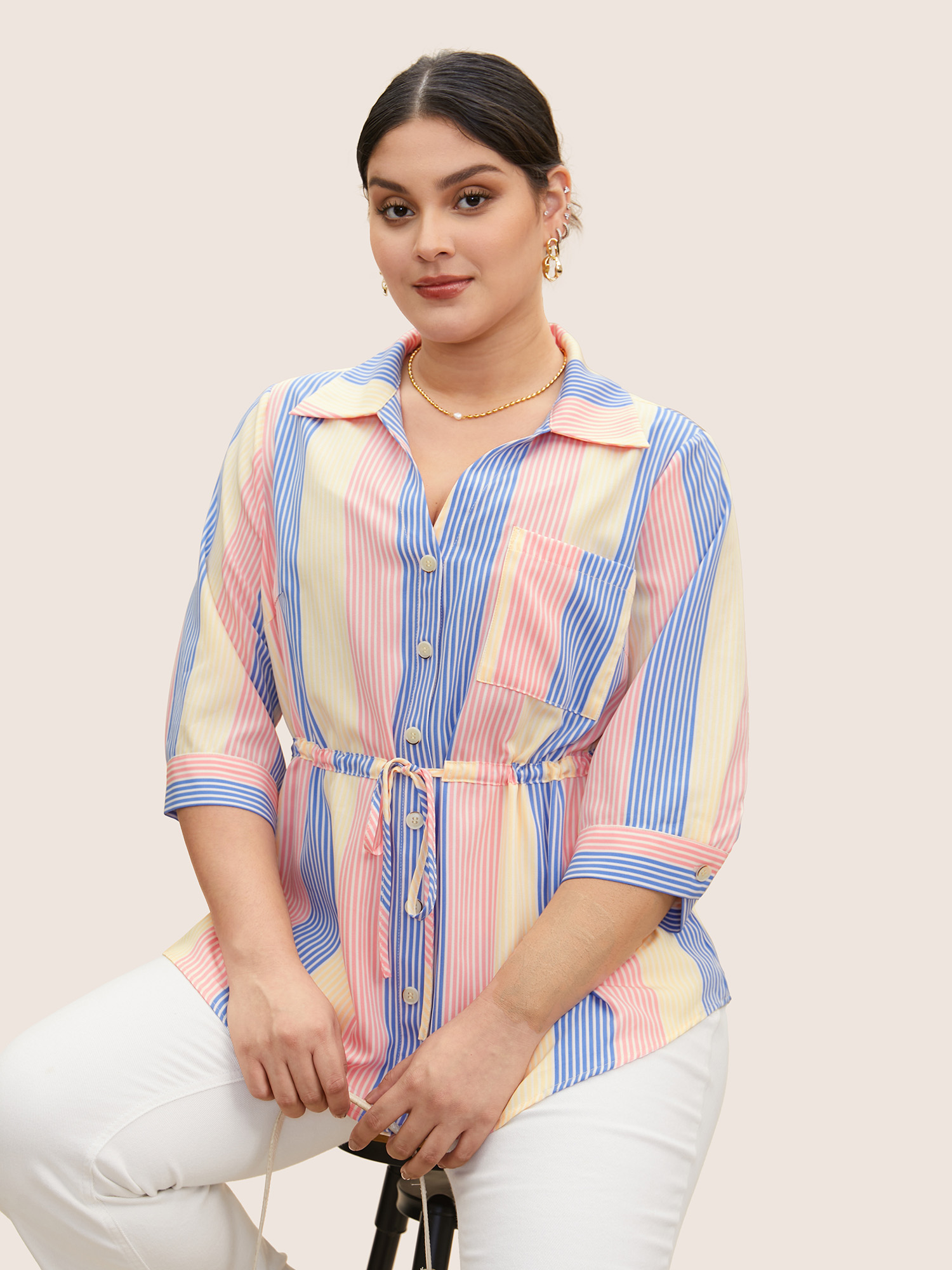 

Plus Size Multicolor Contrast Striped Drawstring Patched Pocket Blouse Women Casual Elbow-length sleeve Shirt collar Everyday Blouses BloomChic