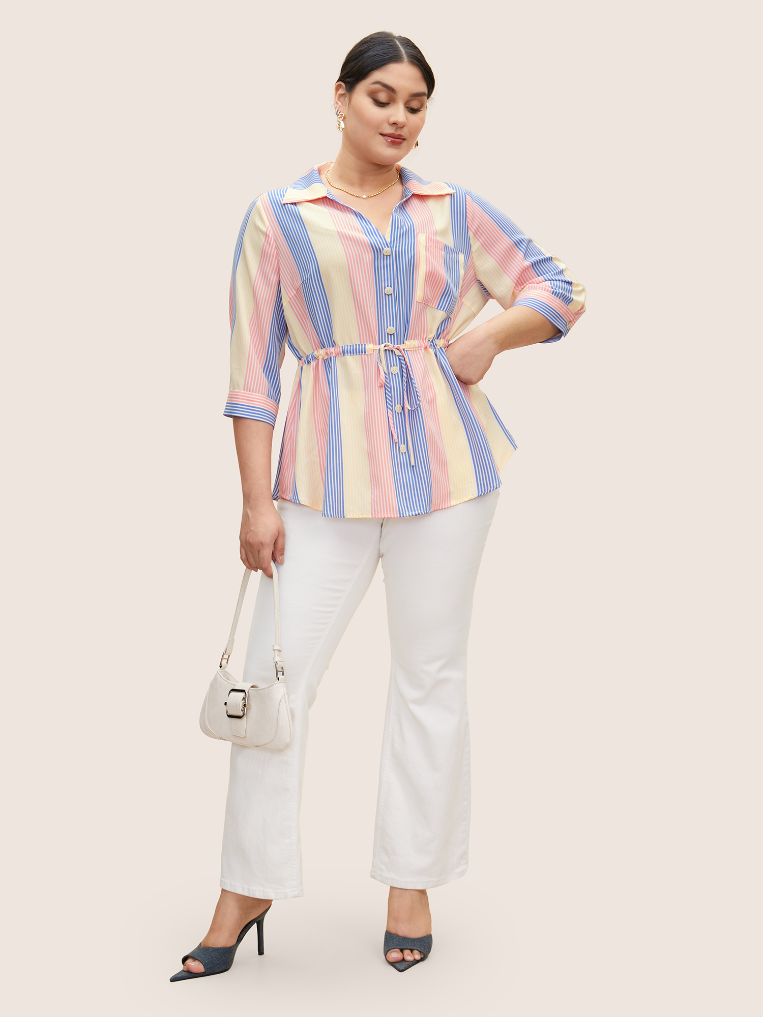 Plus Size Multicolor Contrast Striped Drawstring Patched Pocket Blouse Women Casual Elbow-length sleeve Shirt collar Everyday Blouses BloomChic 22-24/3X 