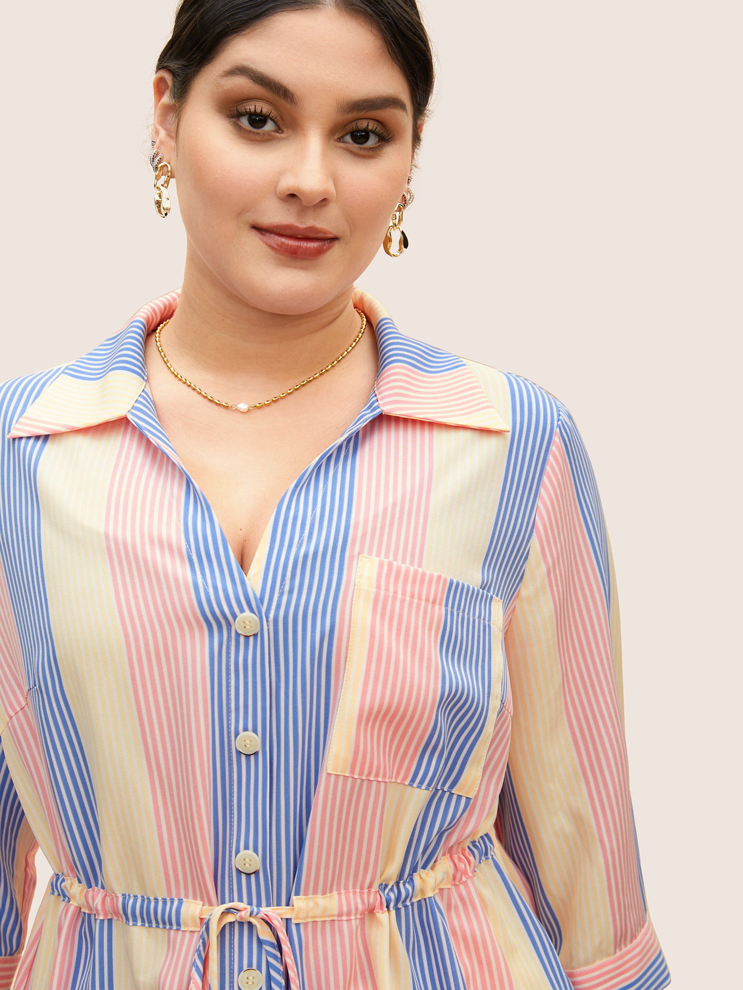Plus Size Multicolor Contrast Striped Drawstring Patched Pocket Blouse Women Casual Elbow-length sleeve Shirt collar Everyday Blouses BloomChic 22-24/3X 